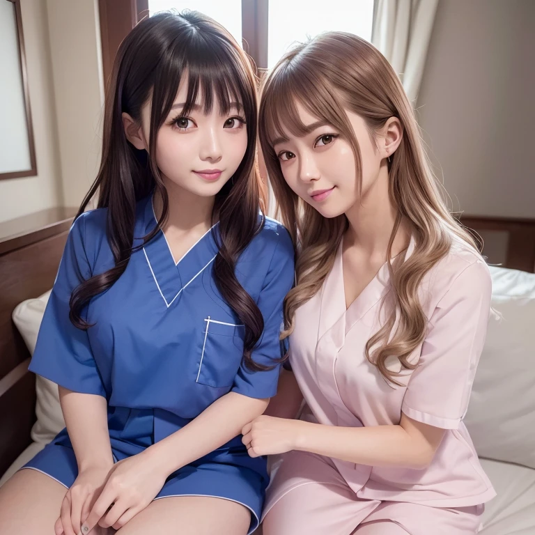 highest quality, 8K, masterpiece, very detailed, high detail, 1 girl, With two people, 24-years-old, japanese women, random hair color, ランダムな色のnurse uniform, glossy lips, double eyelid, random hairstyle, nurse uniform, smile, Random Posing, hospital,beautiful style, model body shape, 