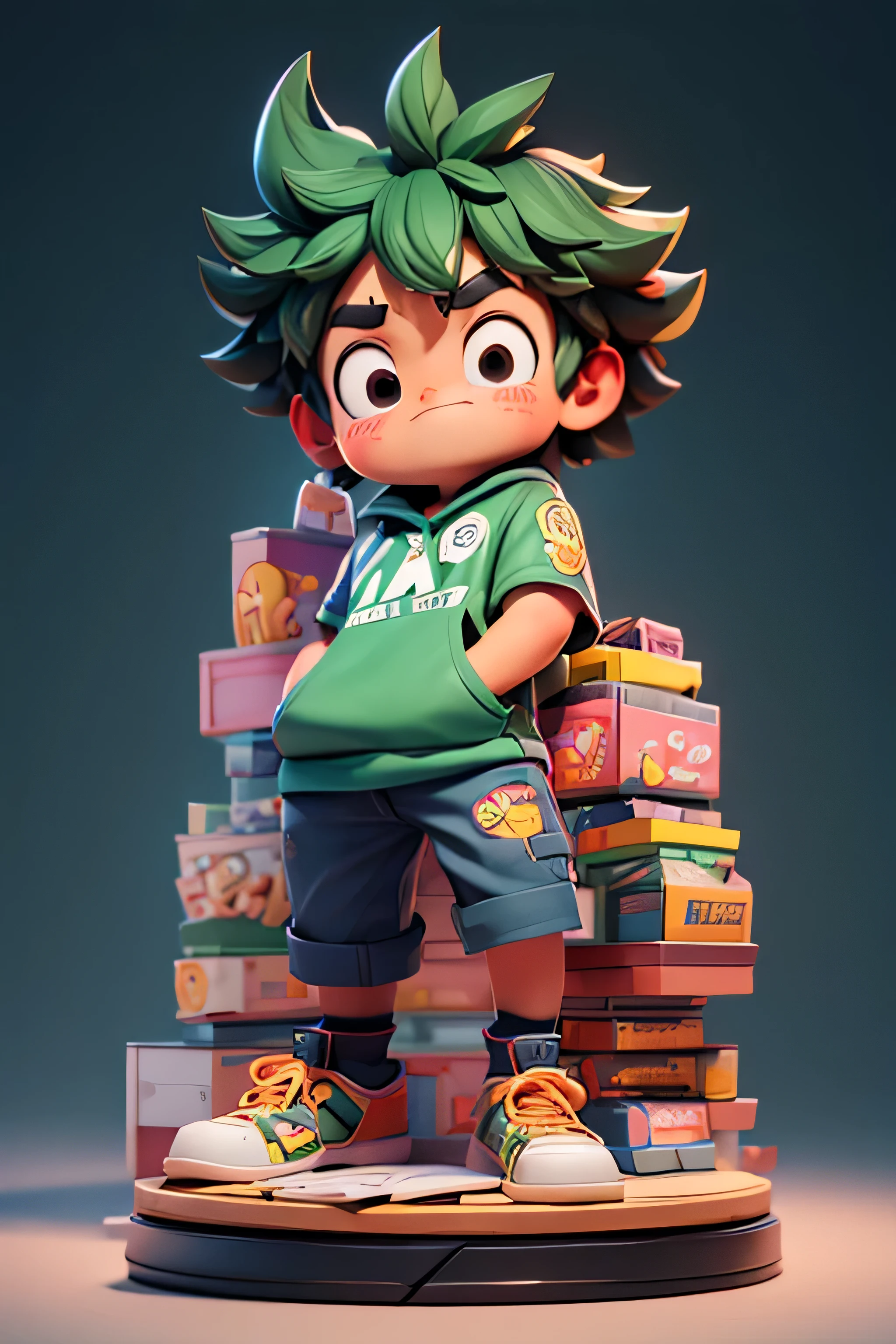 city street, Super Lovely的 Izuku Midoriya full body 3D image, 1pc, The eyes are beautiful, big eyes, Lovely的, happy, c4d, Popular matte blind box, Bright street lights, Toy, solid color background, chibi, Fluorescent translucent, illuminator, kawaii, Toy娃娃, Reference table, Blind box pop mart, Pixar, intricate details, 3d rendering, mixer, Overclocked renderer, 身体Reference table, dribbble, high detail, 8k, studio lighting, Change, small, Dishwasher，Lovely, chibi, SD character: 23, Magic space warehouse background, clenched hands, Faust, clenched hands