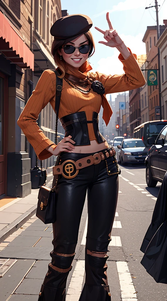 (masterpiece, best quality:1.2), cowboy shot, solo, 1girl, coco adel, grin, looking at viewer, hand on hip, beret, sunglasses, orange sweater, corset, black gloves, pants, jewelry, belt, bandolier standing in street, steampunk city, tall buildings