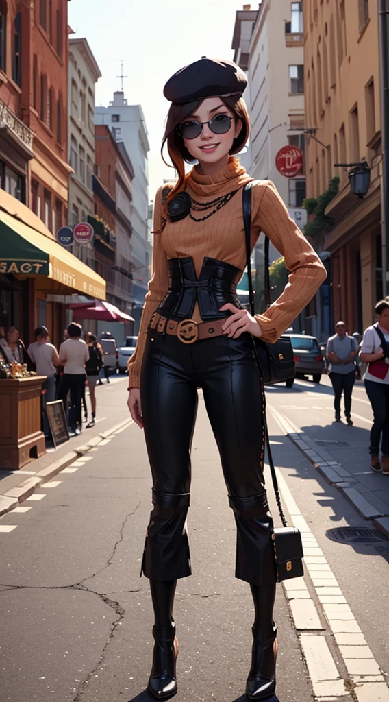 (masterpiece, best quality:1.2), cowboy shot, solo, 1girl, coco adel, grin, looking at viewer, hand on hip, beret, sunglasses, orange sweater, corset, black gloves, pants, jewelry, belt, bandolier standing in street, steampunk city, tall buildings