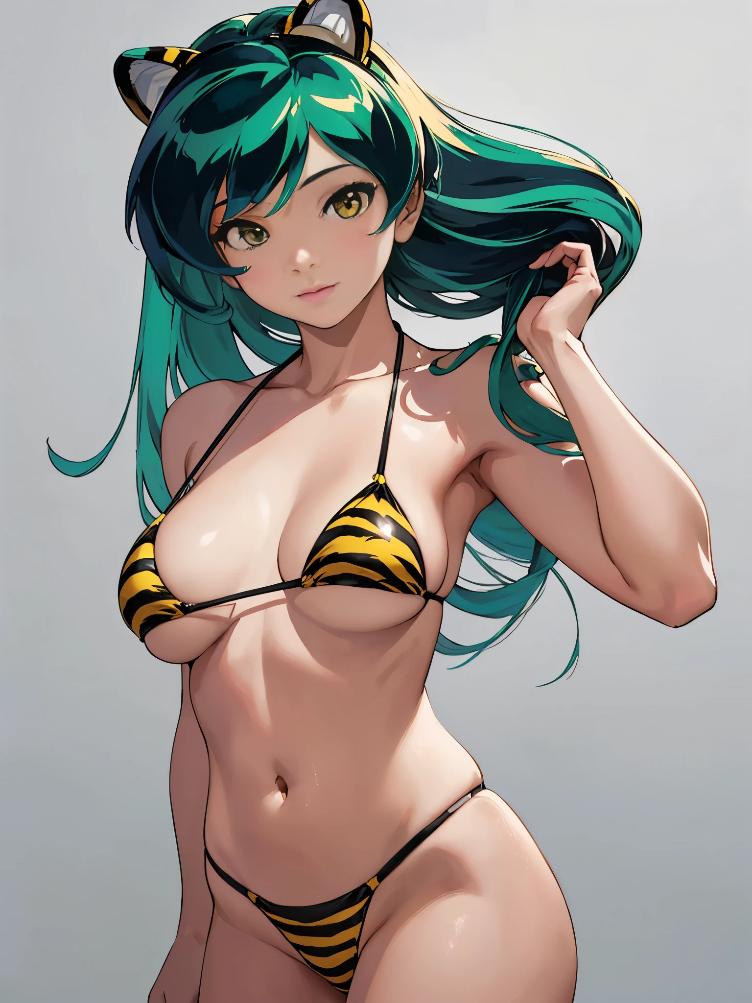 20-year-old cute beautiful girl、(Urusei Yatsura Charalam))、((yellow and black tiger striped micro bikini))、(((sticking out)、Gray background:1.5), (photorealistic:1.4), (highest quality:1.0), (ultra high resolution:1.0), 8K, RAW photo, (masterpiece:0.2),