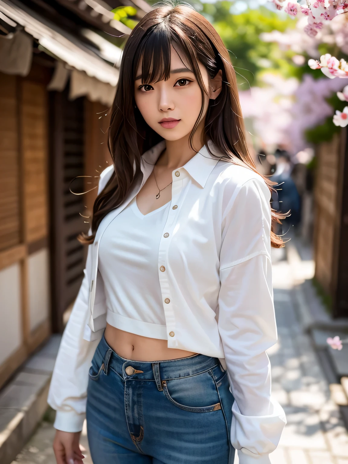 masterpiece, 1 girl per photo, cowboy shot, Front view, Japanese young cute girl, long bob hair, Walking along a row of cherry blossom trees in Japan, big smile, He wore a white down nylon jacket over a pale pink shirt with a collar, Wearing denim pants, super cute face, glossy lips, double eyelids of both eyes, natural makeup, shiny smooth light brown hair of long bob hair, asymmetrical bangs, tanned skin, center image, 8K resolution, high detail, detailed hairstyle, detailed face, cinematic lighting, octane rendering, surreal, perfect limbs, perfect anatomy