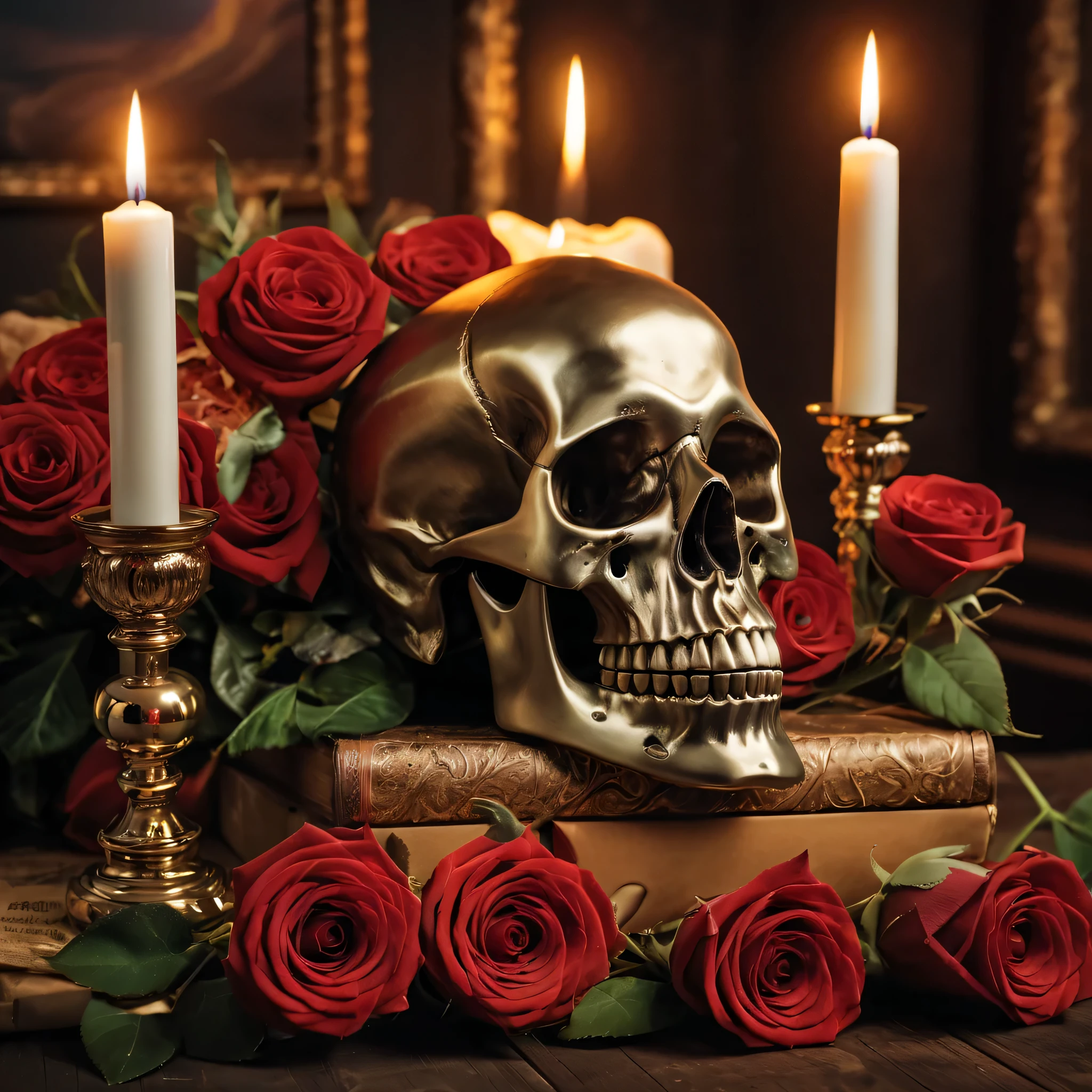 (best quality,8K,high resolution,muste piece:1.2,details:1.5),Super detailed:1.5,Eerily realistic metallic skull,looking at the camera,Bouquet of roses,elaborate corpse,scary theme,(whiskey,cigar,candle,party),horror setup
