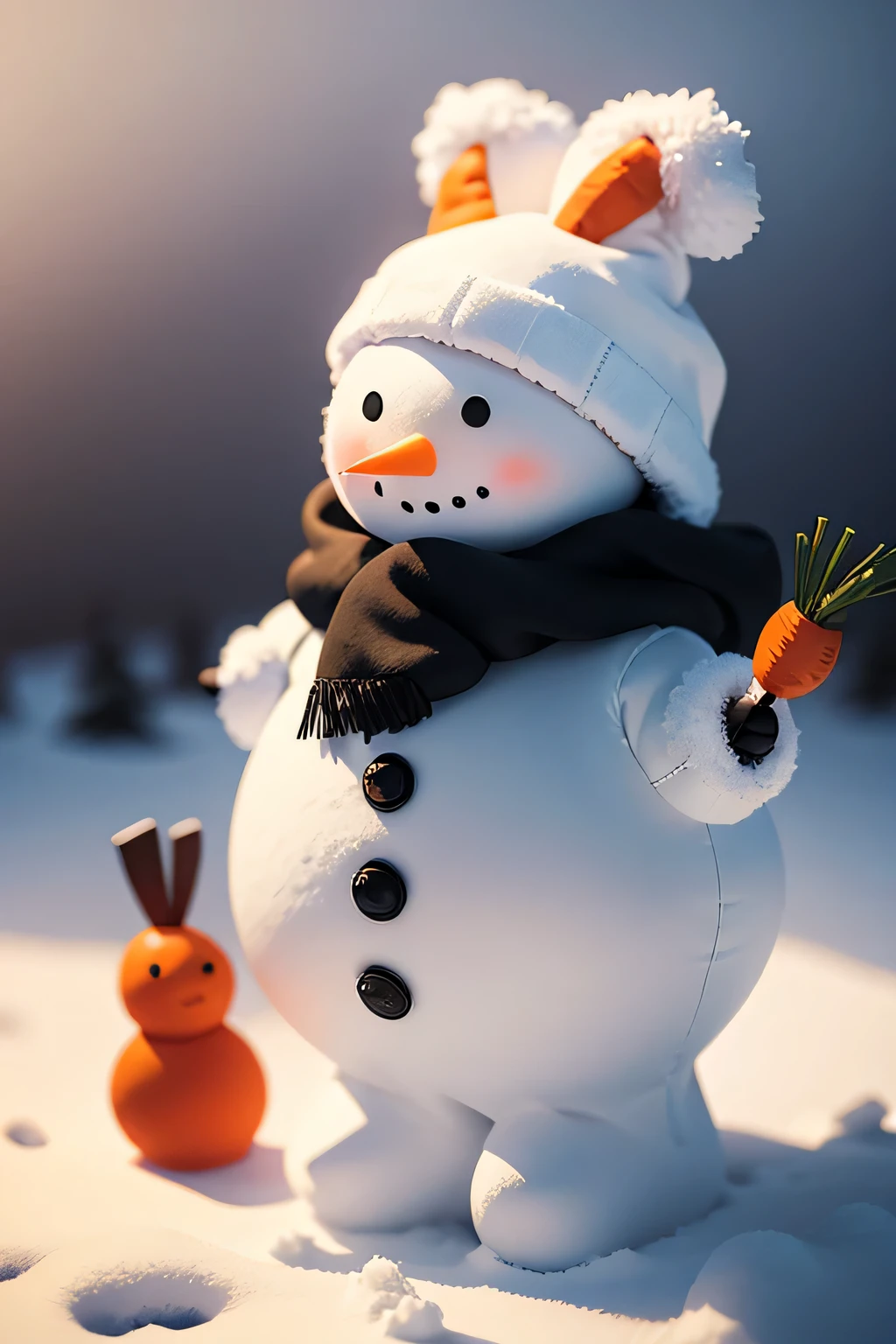 snowman, white costume、round silhouette、black buttons、Carrot nose、snowmanの帽子、snowmanのスカーフ、Snowflake Decoration、Winter boots