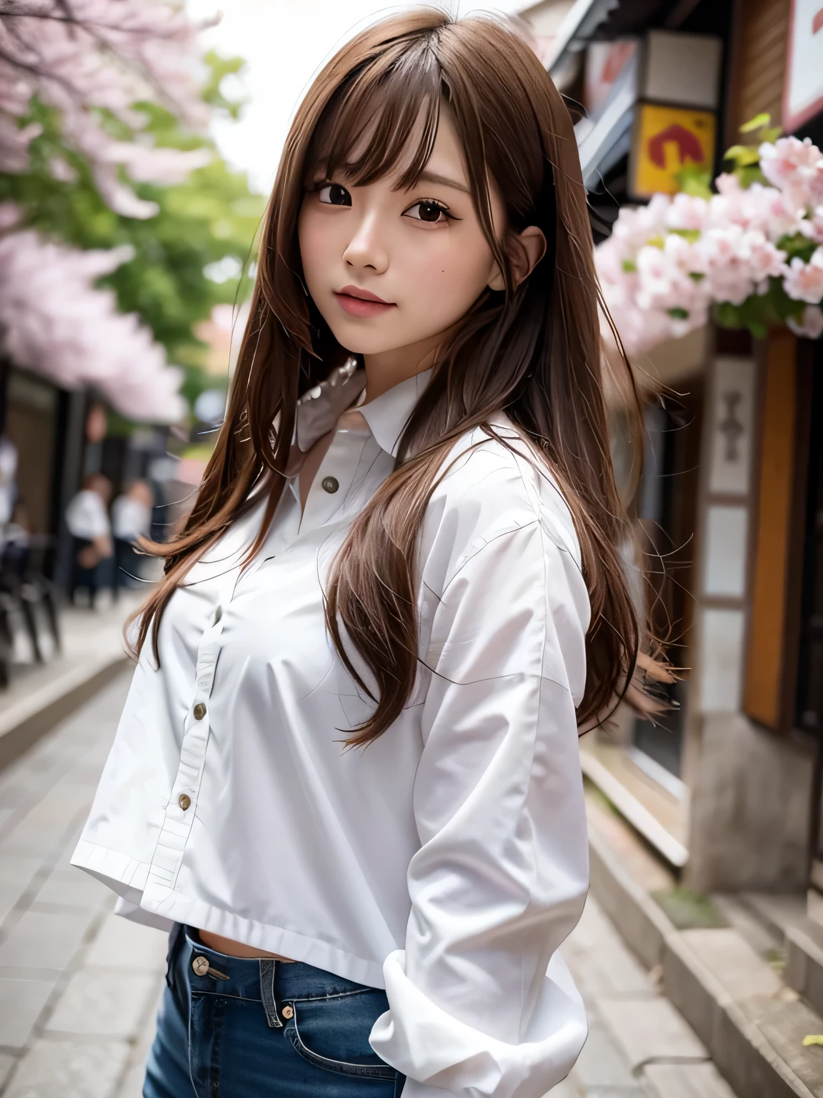 masterpiece, 1 girl per photo, cowboy shot, Front view, Japanese young cute girl, long bob hair, Walking along a row of cherry blossom trees in Japan, big smile, He wore a white down nylon jacket over a pale pink shirt with a collar, Wearing denim pants, super cute face, glossy lips, double eyelids of both eyes, natural makeup, shiny smooth light brown hair of long bob hair, asymmetrical bangs, tanned skin, center image, 8K resolution, high detail, detailed hairstyle, detailed face, cinematic lighting, octane rendering, surreal, perfect limbs, perfect anatomy