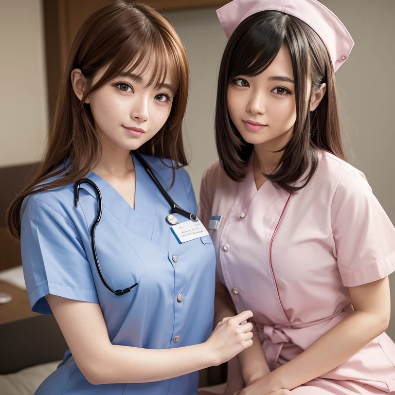 highest quality, 8K, masterpiece, very detailed, high detail, 1 girl, With two people, 24-years-old, japanese women, random hair color, ランダムな色のnurse uniform, glossy lips, double eyelid, random hairstyle, nurse uniform, smile, Random Posing, hospital,beautiful style, model body shape, nurse cap,