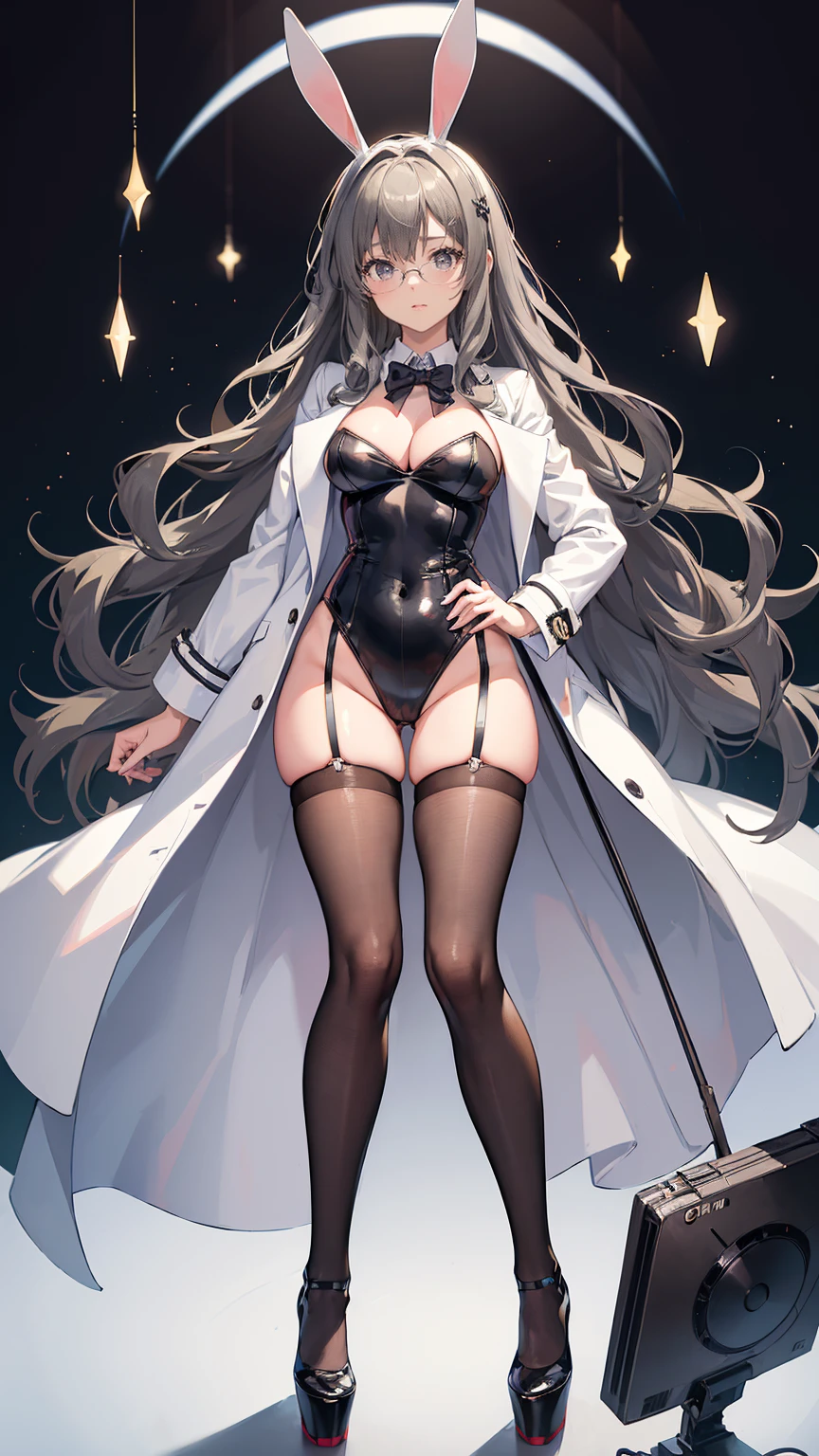 ((masterpiece, high resolution, best quality, best details, anime)), a woman standing in a bunny suit and an open doctor's coat in a doctor's office, white coat, bunny ears, sexy black leotard, ((black stocking)), platform high heels, long hair, light gray hair, gray eyes with black outline, glasses, doctor's office landscape, curvy body,