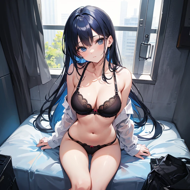 1girl, breasts, underwear, bra, blue eyes, cleavage, dark blue hair, long hair, collarbone, looking at viewer, panties, solo focus, bangs, pov, shiny skin