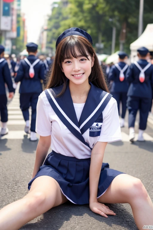 facing the front, sailor suit, spread your legs、Show me your pubic hair, Thighs, lots of pubic hair, smile, baby face, The background is a street of people,