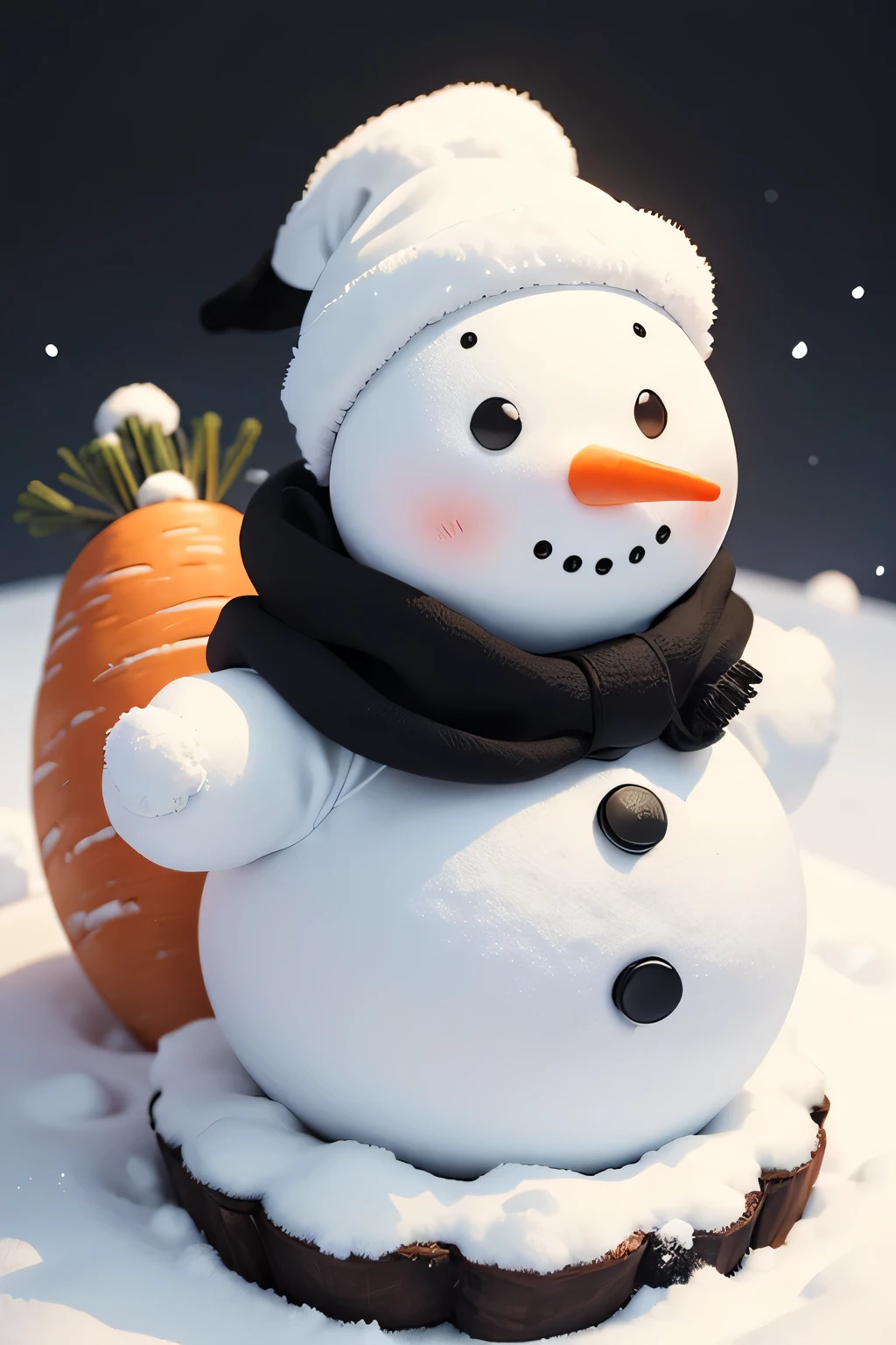 snowman, white costume、round silhouette、black buttons、Carrot nose、snowmanの帽子、snowmanのスカーフ、Snowflake Decoration、Winter boots