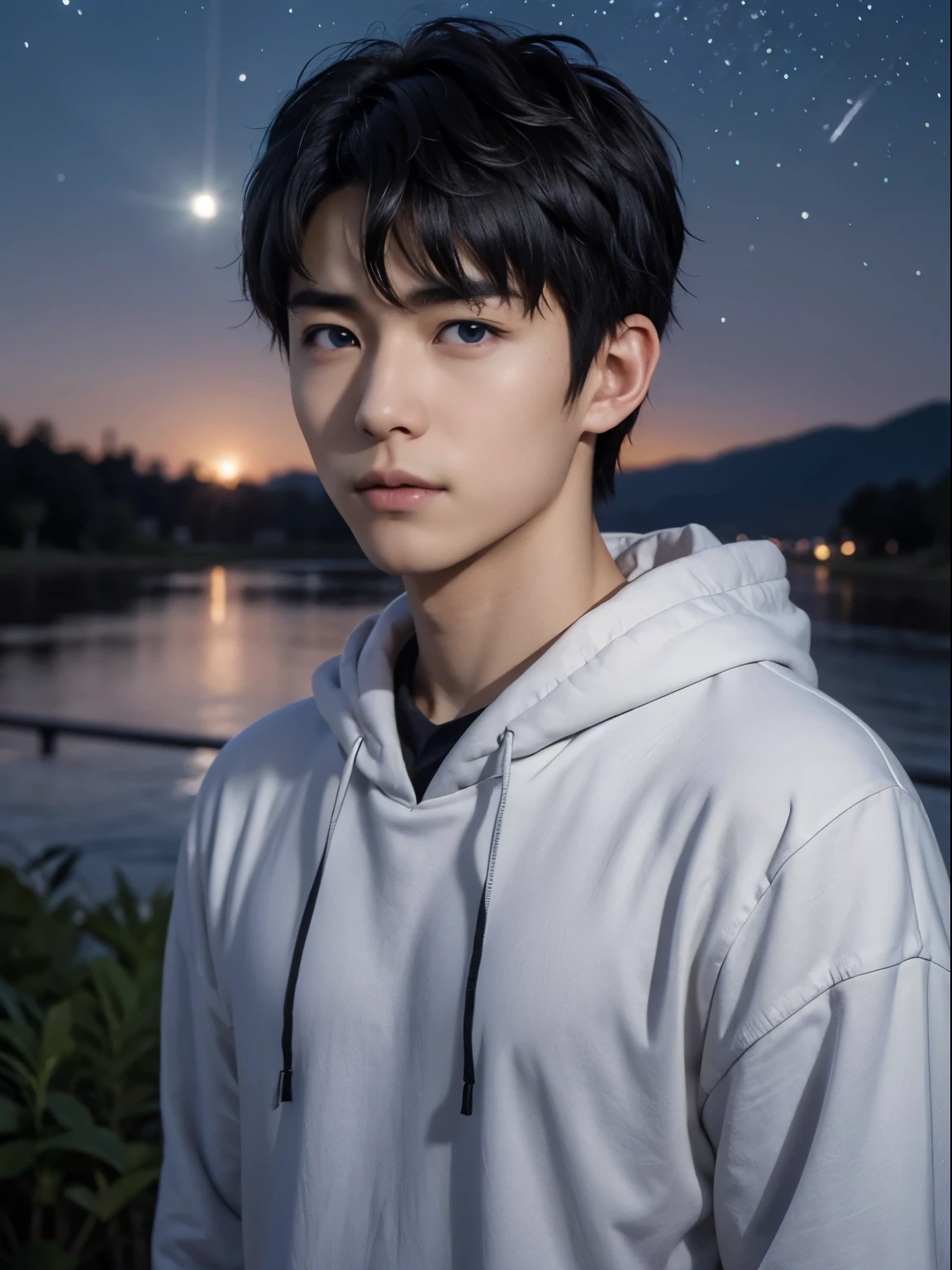 (photorealistic, masterpiece, 8K HD, good lighting quality, portrait, closing up on face, intricate details), a handsome young japanese boy, , cute, wistful gaze, detailed face, detailed eyes, looking at the sky, wearing hoodie over shirt, necklace, blue eyes, (pale skin), slim build, black hair, smooth hair, hair bangs, relatively long hair, outdoors, twilight, stars, constellation, cosmical, dreamy world, surrealism, ethereal