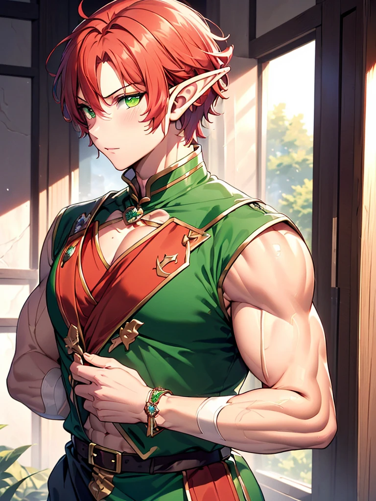 (((I want an elf MAN, red hair and lime green eyes, strong body wearing prince clothes, being alone, a bored expression, Muscular)))