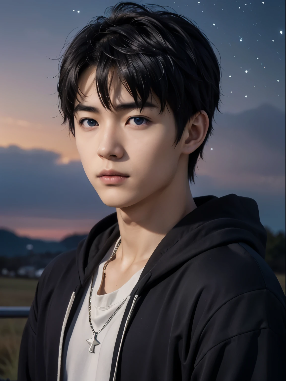 (photorealistic, masterpiece, 8K HD, good lighting quality, portrait, closing up on face, intricate details), a handsome young japanese boy, , cute, wistful gaze, detailed face, detailed eyes, looking at the sky, wearing hoodie over shirt, necklace, blue eyes, (pale skin), slim build, black hair, smooth hair, hair bangs, relatively long hair, outdoors, twilight, stars, constellation, cosmical, dreamy world, surrealism, ethereal