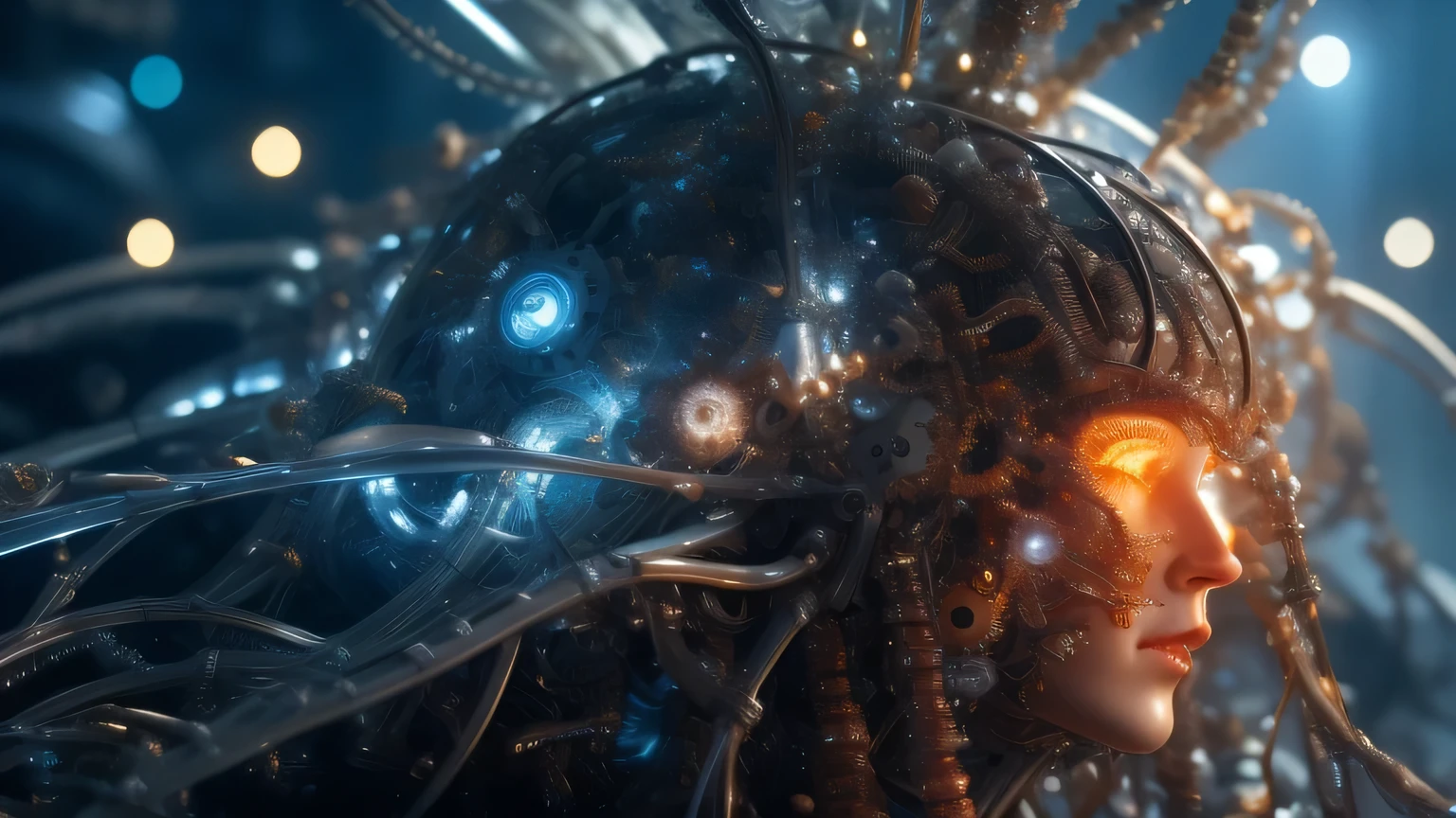 mj, Close-up cinematic capture of an ethereal neural network organism, mulher divina, anatomical face, biomechanical details cybernetics mechanical gears lubricating oil