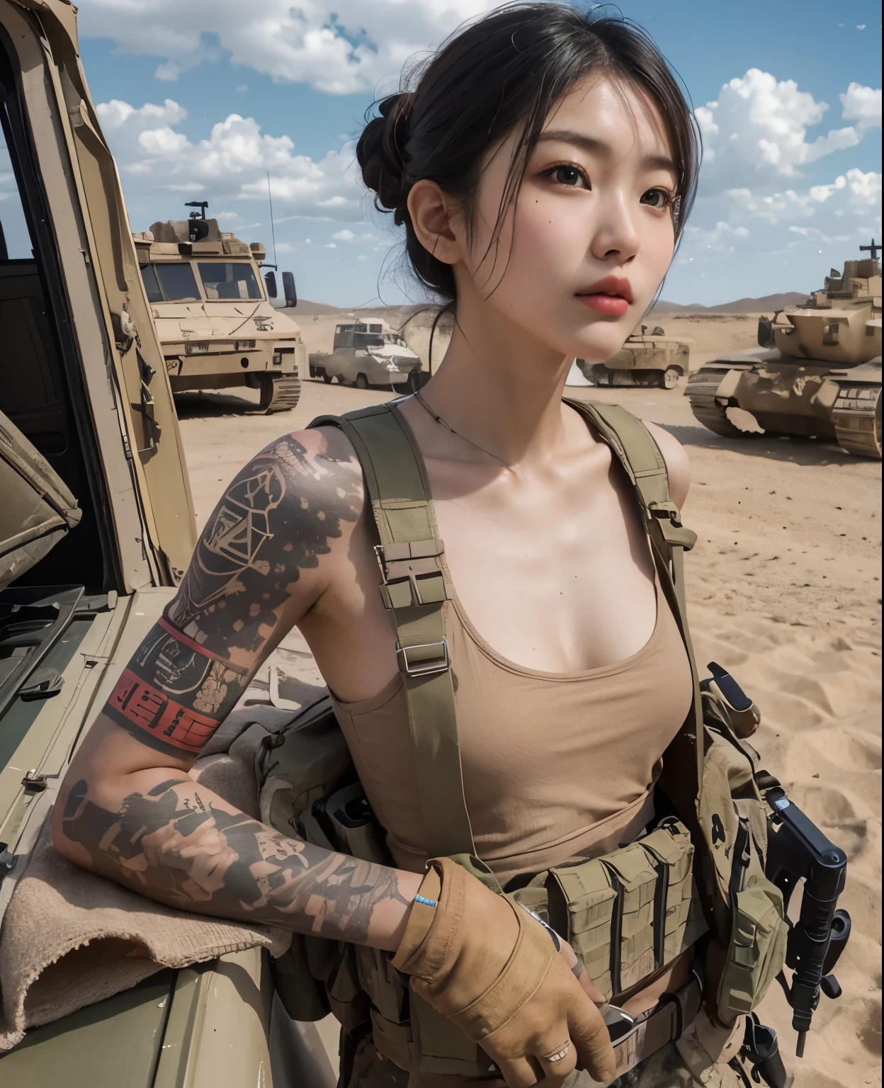 SeaArt Bot
Txt2Img
default
10:5 Photorealistic、Realistic skin textures、A beautiful Japanese woman belonging to the American military stands next to a military vehicle、Have an anti-material rifle、Small tattoo on the neck、desert、Little muscle、bulletproof vest、boots,、Equipment、Overhead composition from above

