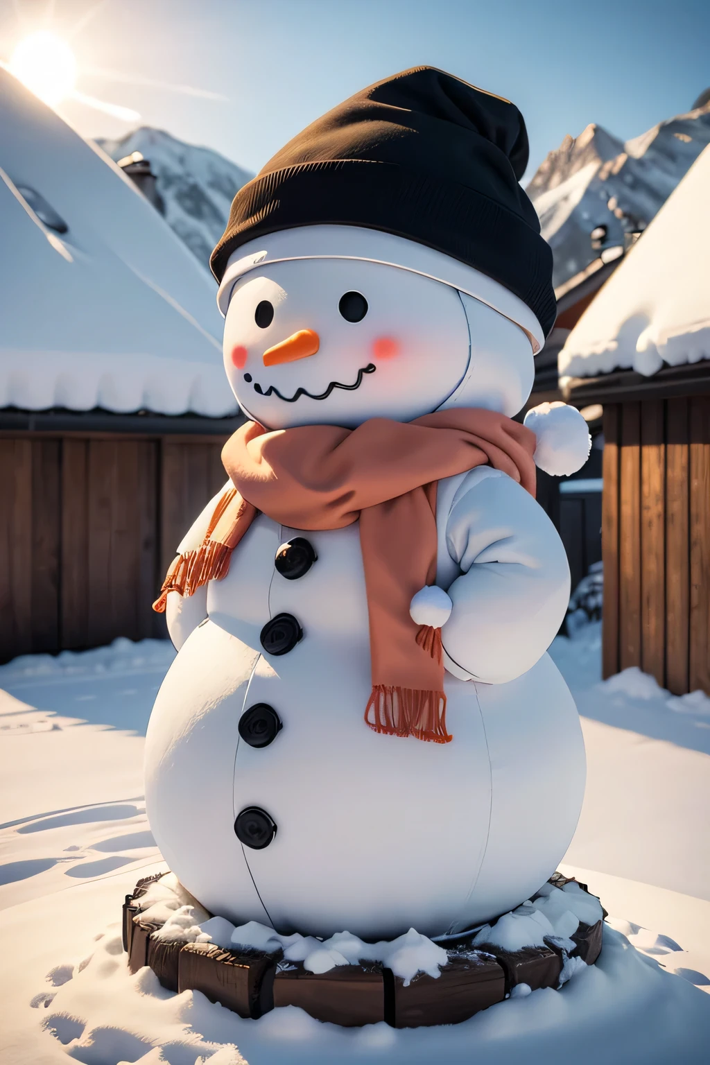 snowman, white costume、round silhouette、black buttons、Carrot nose、snowmanの帽子、snowmanのスカーフ、Snowflake Decoration、Winter boots, outside the mountain hut