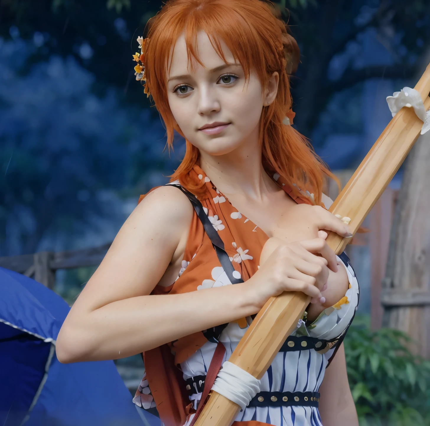 (masterpiece), (realistic), (ultra detailed), ( high reest quality), (photorealistic), (perfect face), (perfect anatomy), woman, female, solo, Swede, Swede, nami from one piece, nami, long haircut, orange hair, long haircut with side bangs, (((the character has big breasts))), wearing an orange kimono with floral motifs, wearing a samurai armor vest, wearing accessories on the left hair, the character is holding Nami's weapon climatact stick from One Piece, ((behind the character there is a tree, a white picket fence)), Sunny Go ship from One Piece, cloudy weather and heavy rain