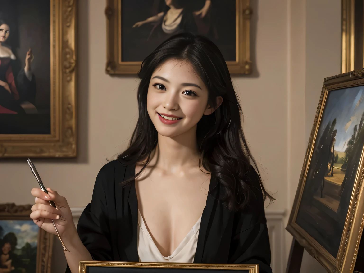 A woman paints an oil painting on a canvas in her atelier,Easel,antique,A smile,,Sweet and seductive appearance.、Caravaggio's paintings、Chiaroscuro of Caravaggio,,Cute smile, Expression of ecstasy,erotic,A sexy,Seduce you,pen,oil painting palette