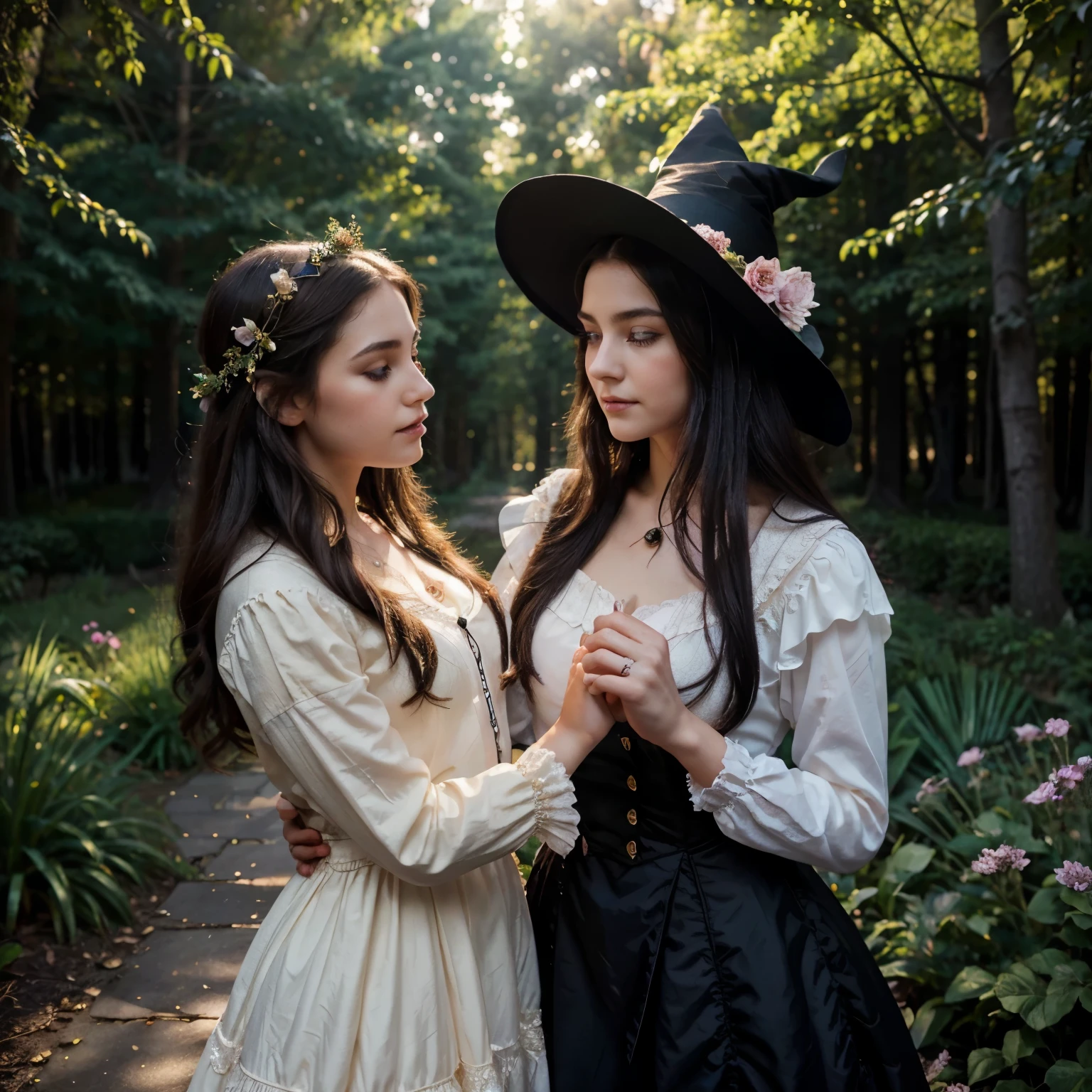 (best quality,highres), boy magically transformed into cute daughter of witch,gender bending ritual,pink eyes,long black hair,happy,mother & daughter bonding,stunning black victorian dress,pointy hat,beautiful detailed eyes,beautiful detailed lips,extremely detailed eyes and face,longeyelashes,girl in a magical garden,pink flowers blooming,sparkling butterflies dancing,enchanted glowing golden light,mysterious forest in the background,soft and dreamy atmosphere,art nouveau style,rich and vibrant colors,ethereal beauty,vivid and surreal scene,whimsical and enchanting ambiance,eye-catching composition,delicate brush strokes,emotional and heartwarming moment,profound connection between mother and daughter