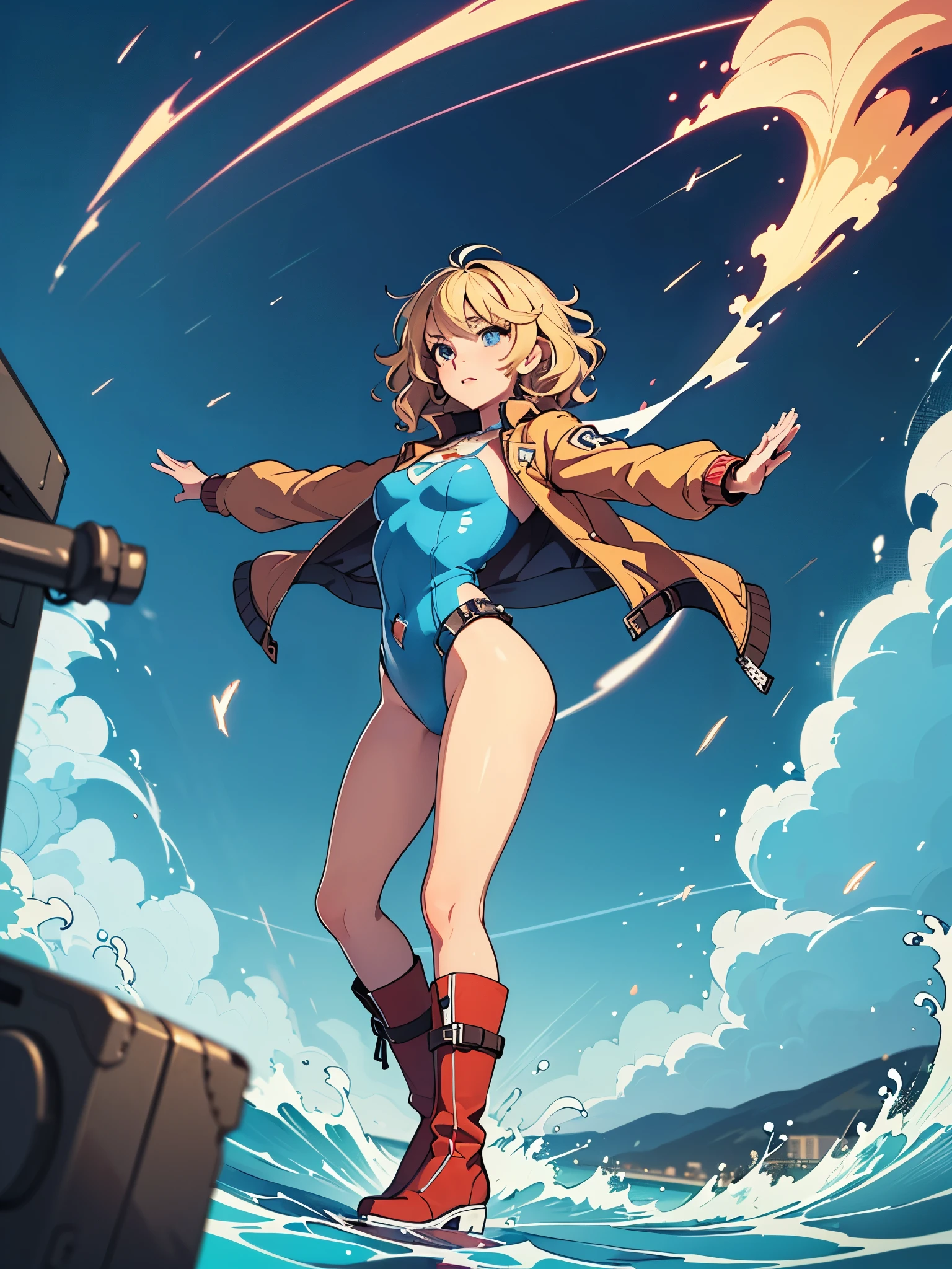 1girl, medium breasts, ((leotard, highleg leotard, light blue leotard)), (lighting bolt emblem on chest), bare legs, (tight belt), boots, matching boots, gloves, city backdrop, solo, single, standing, full body shot, cowboy shot, superhero, beautiful detailed eyes, power, diffraction spikes, ((blonde hair, short hair, wavy hair)), high school backdrop, outdoors, mature lady, teacher, spinning her body in rapid speed like a tornado, wind swirls, rapid gyration, girl tornado spinning, girl turning to a whirlwind, outstretched arms