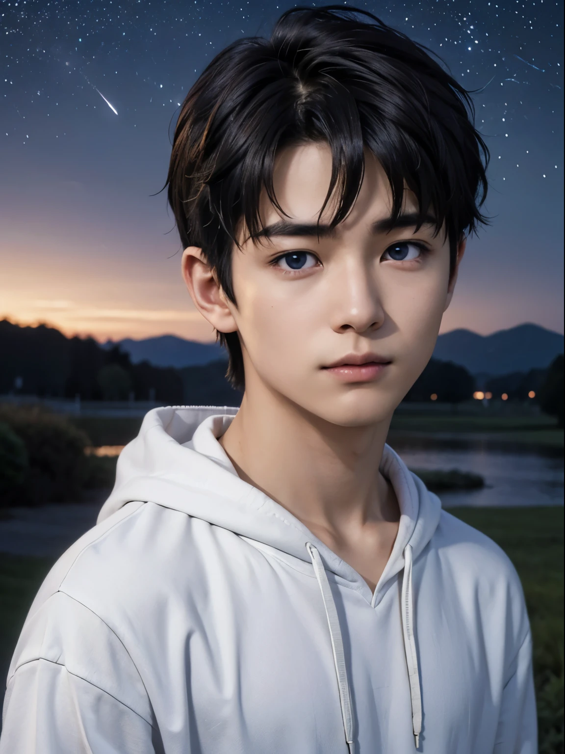 (photorealistic, masterpiece, 8K HD, good lighting quality, portrait, closing up on face, intricate details), a handsome young japanese boy, , cute, wistful gaze, detailed face, detailed eyes, looking at the sky, wearing hoodie over shirt, necklace, blue eyes, (pale skin), slim build, black hair, smooth hair, hair bangs, relatively long hair, outdoors, twilight, stars, constellation, cosmical, dreamy world, surrealism, ethereal