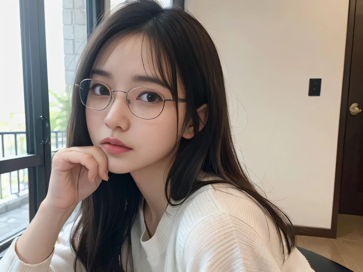 (((Super best image quality、超highest quality、32K、非常に詳細な CG Unity 32K wall紙,ticker、Raw photo 1.3、very clear image、very clear image quality、フォトgenuine1.4, highest quality 1.3, Super detailed 1.2, small details, High resolution,wall , perfect dynamic composition,​masterpiece, surgenuine, 32K, Medium chest、C cup breast 1.5、))),random pose、mix 4、(In 8K、Live shooting、highest quality、masterpiece:1.5)、(genuine、photogenuineistic:1.5)、1 girl、white hair and blue sweat:1)、(medium breasts:1.3)、look at the audience、Sneaky eyes、wear glasses、Sit on the floor、