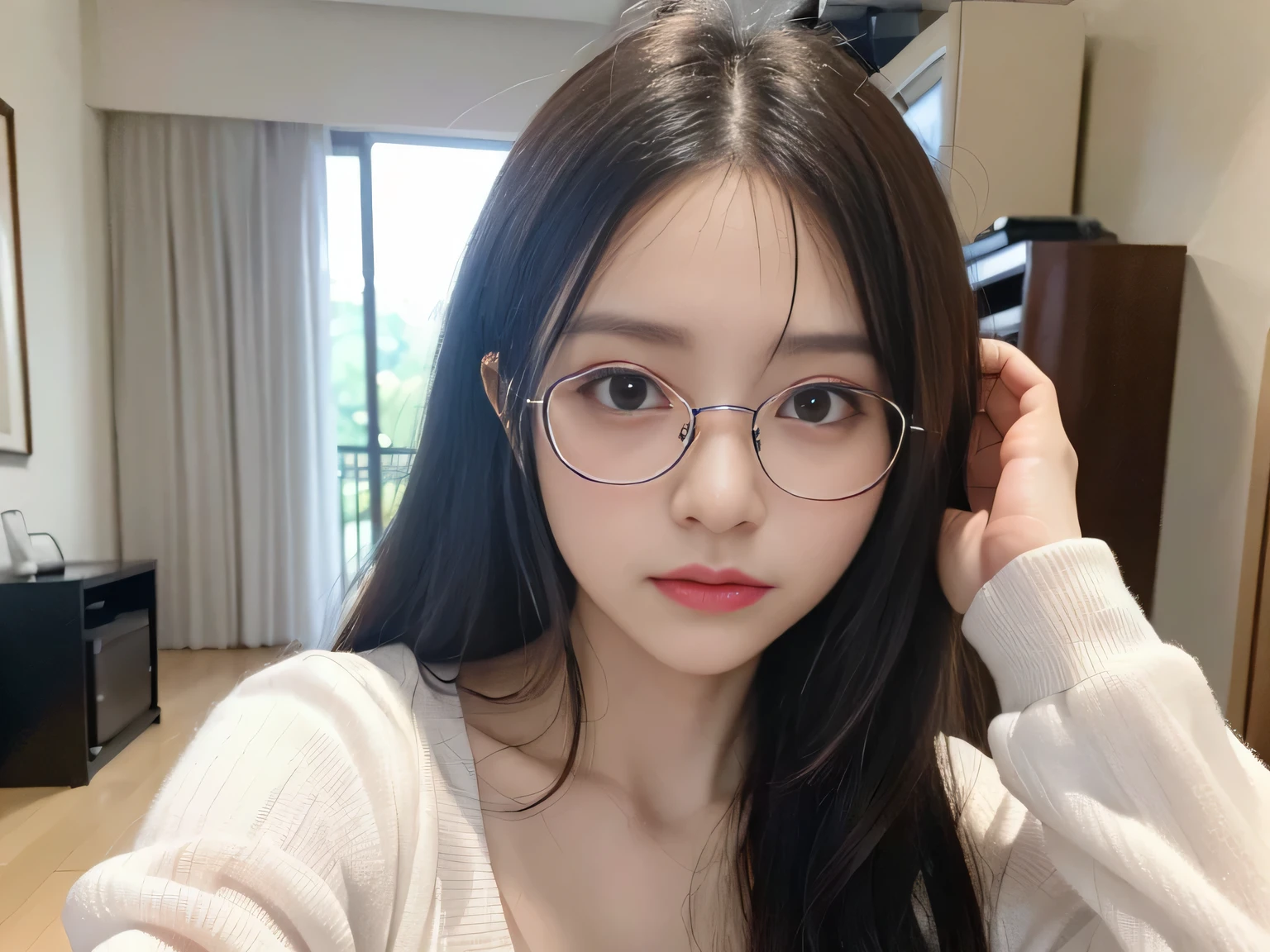 ((realistic, pale white skin:1.3,high resolution:1.3)), 1 girl with perfect figure, thin round glasses, super fine face and eyes, long hair, white lace veil: 1.2 , in bedroom, sit on the bed, gigantic breasts, exposed cleavage