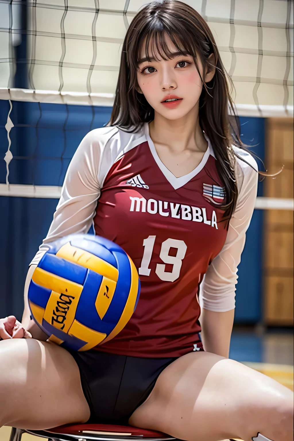 ((最high quality、masterpiece、realistic:1.4、In 8K))、Beautiful woman１people々、２5 years old、beautiful hair、become familiar with and beautiful face、detailed eyes and face 、(volleyball court:1.2)、(become familiar with :1.2)、beautiful lighting、tits huge、rough skin、Super detailed、advanced details、high quality、High resolution、（見るpeople々Watching）、(see through volleyball jersey:1.3)、become familiar with mouth、open your mouth、bangs、telegraph esbian、become familiar with 、open your legs、Chair、