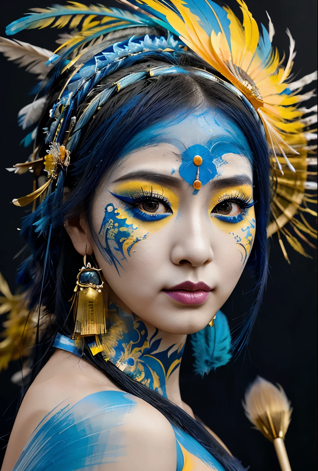 arafed woman with blue and yellow makeup and feathers on her head, creative makeup, jingna zhang, inspired by Jin Nong, inspired by Xie Huan, inspired by Pan Yuliang, remarkable geisha make up, inspired by Yuan Jiang, painted face, professional body paint, intricate makeup, geisha makeup, girl with a flower face, inspired by Mei Qing