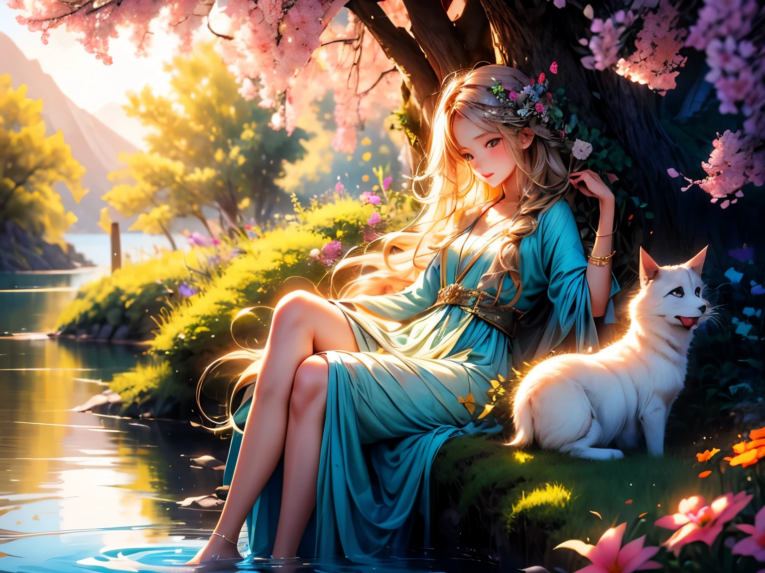 "(best quality,4k,8k, highres, masterpiece:1.2), ultra-detailed, realistic portrait,12-year-old girl with nine tails, by the lake, full body,blue eyes,long flowing wavy golden hair,freckles on her cheeks,innocent smile,sparkling blue dress,holding a bouquet of wildflowers,with a gentle breeze blowing,green grass and colorful flowers around her,reflections of the sun on the lake,soft sunlight illuminating her face,lush trees in the background,peaceful and serene atmosphere,subtle shadows adding depth and dimension to the scene,vivid colors with warm tones,golden hour lighting,ethereal and dreamlike ambiance,evoking a sense of pure joy and wonderment."