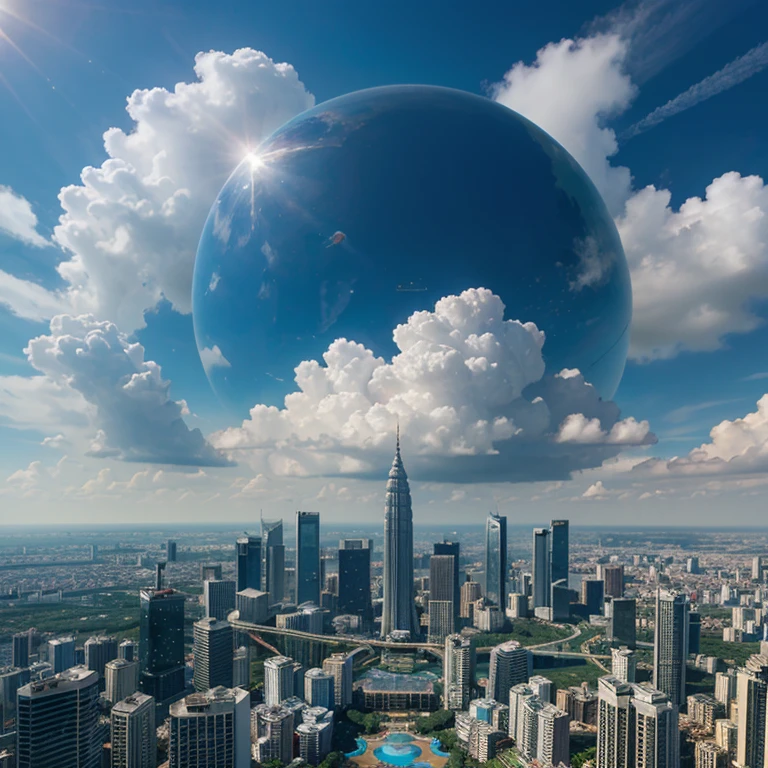 Heaven, Kuala lumpur city, Clear skies, blue open sky, Less clouds,City of Progress, futuristic cities, Utopian world, Awesome bright colors, , The future of utopia, ighly detailed, nffsw, parfait, Impressive progressive architecture, The perfect world, Reflective surfaces, Subsurface Dispersion, Beyond imagination, 8K,, wide angles, Divine Rays, World of Dreams、Sci-fi world、kosmos