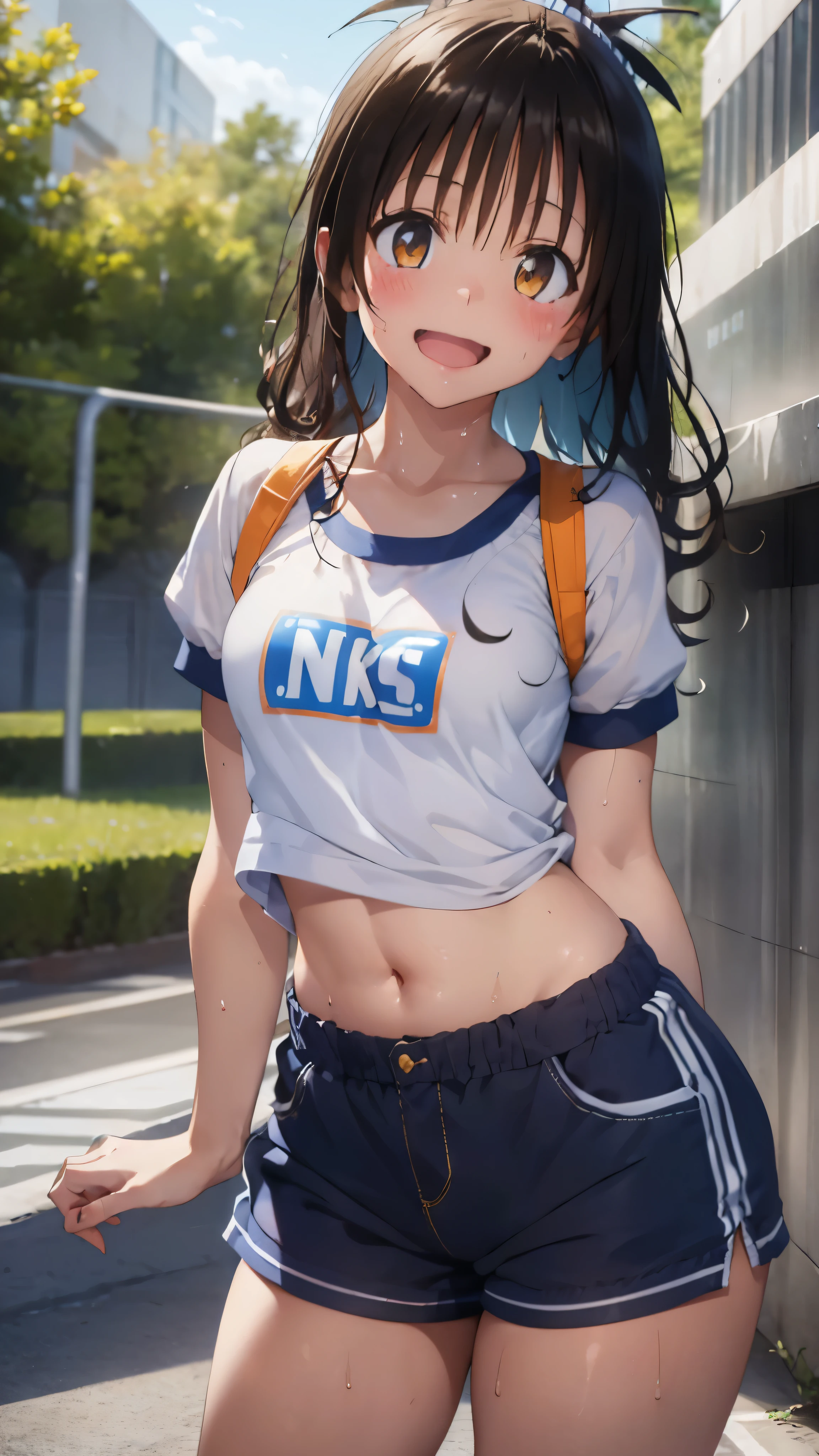 1 female,black hair,(()),(((White and blue short sleeve gym clothes and shorts)))(((blush、open mouth smile)),(((Yuki Mikan))),crowd(baby girl bohape)(((small breasts)))sexy pose,((wet with sweat))outdoor playground