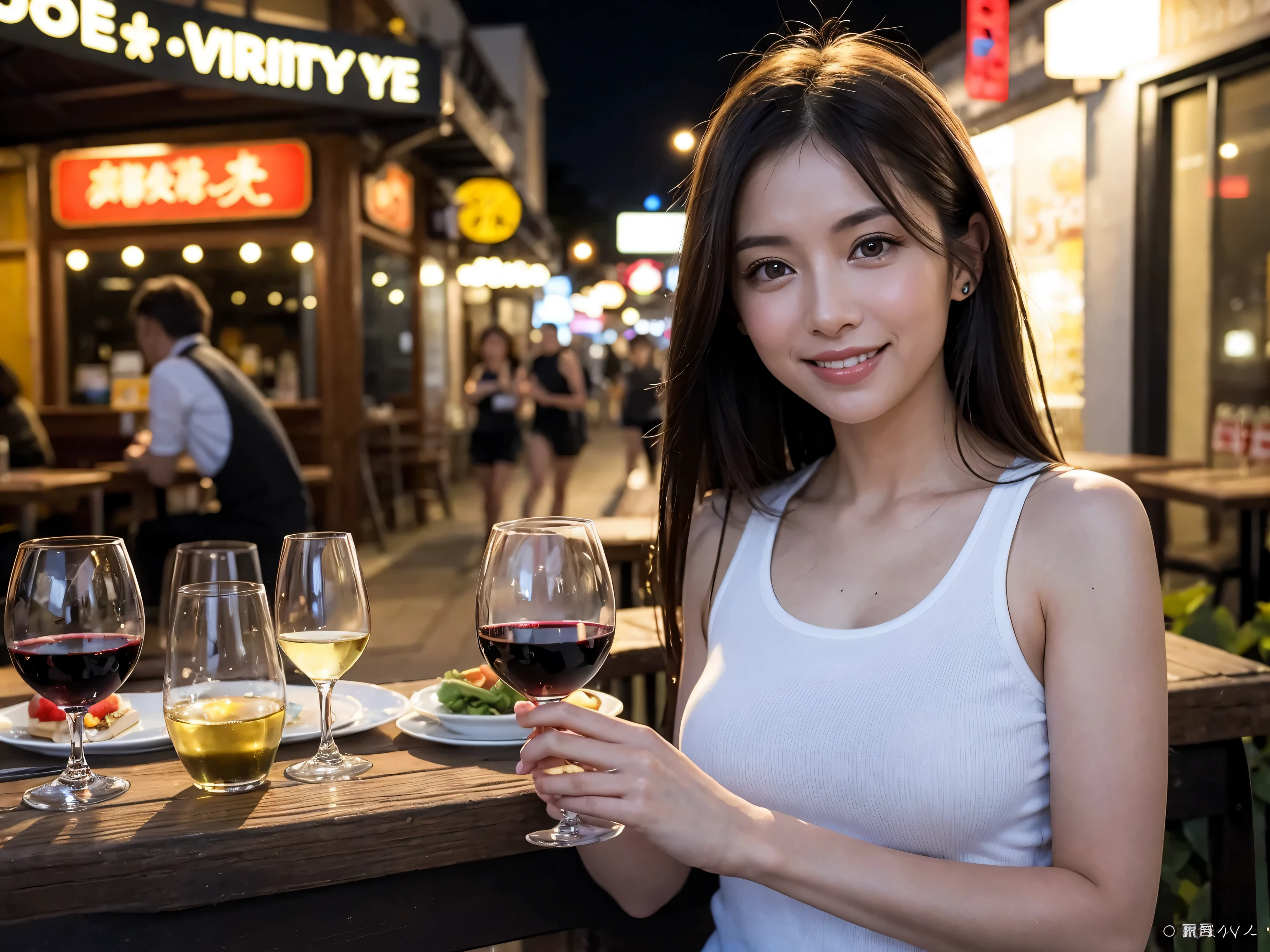 (64km race, ticker, highest quality, debris flies: 1.2), (reality, that&#39;reality的な: 1.37), pretty woman 1, (slim face), (slimボティ), (brown hair), (shortcut), Colombia、Brazilian、Japanese、Dutch、American、french、cheeks blush a little, (40 years old), 38 years old, alone, A beautiful and detailed night view spreads out outside the window............, restaurant, wine glassに座って, At night, in a prominent place (from the Upper body) nova frog style, actress, model, Upper body, White wine, slim, wine glass, Very beautiful night view, 真ん中に置かれたwine glass, smile, (shy smile: 1.15), beautiful and detailed eyes, Upper body 全身, bust japan up, At night, short story, short story, actress, model, Upper body, White wine, slim, wine glass, Very beautiful night view, 真ん中に置かれたwine glass, smile,