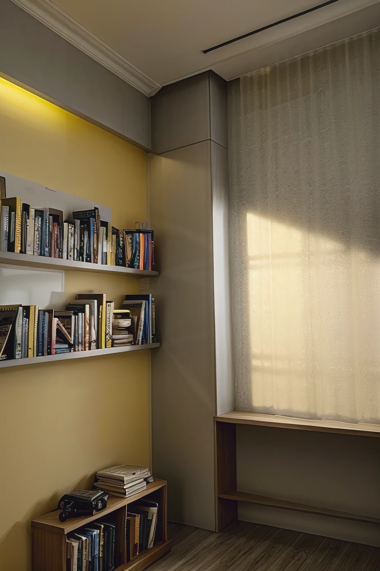 parede, com livros, luz amarela e cinza, View up, Fundo,