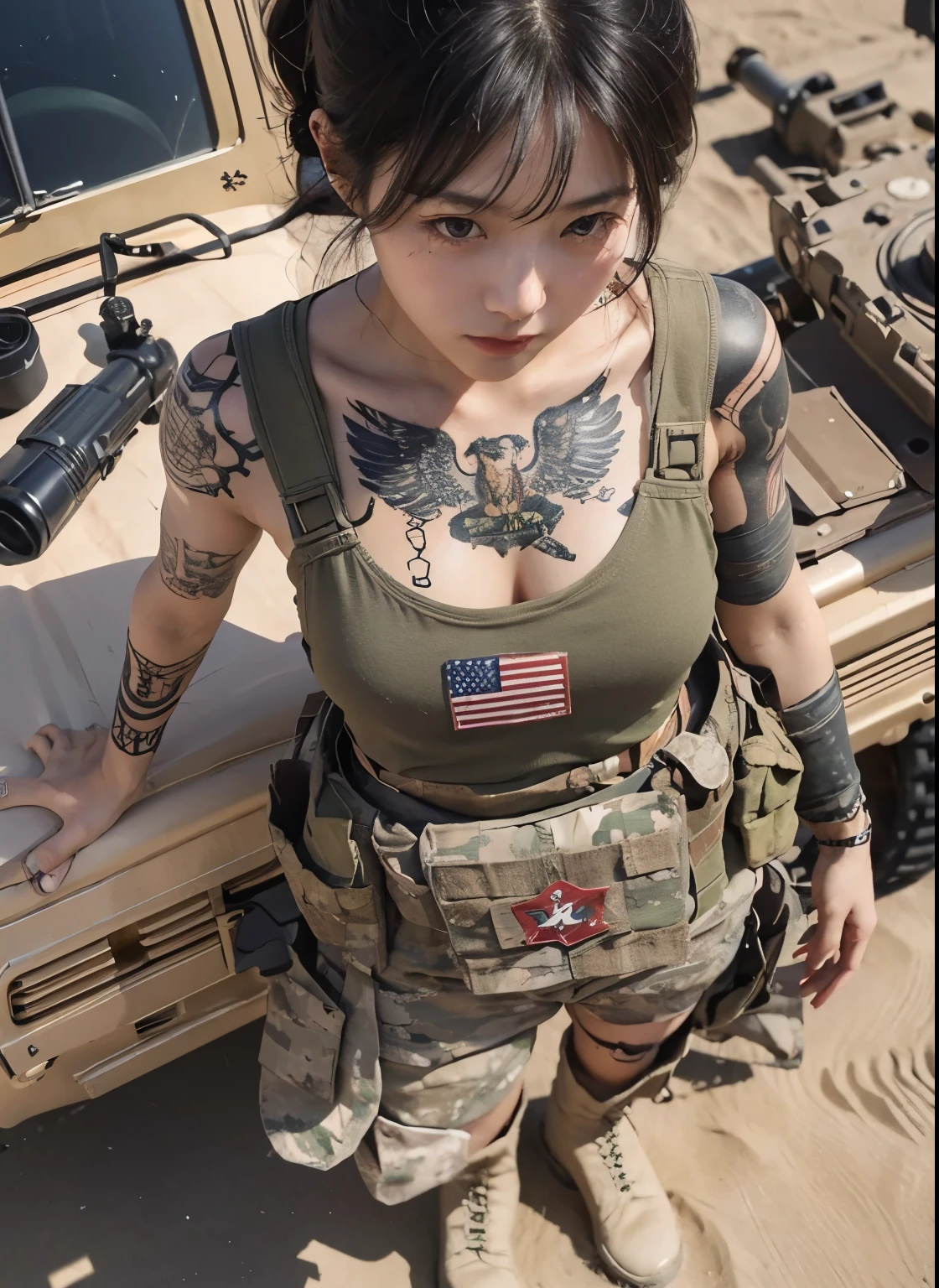 
photorealistic、Realistic skin textures、A beautiful Japanese woman belonging to the American military stands next to a military vehicle、Have an anti-material rifle、Small tattoo on the neck、desert、Little muscle、bulletproof vest、boots,、Equipment、A bird&#39;s-eye view from above
