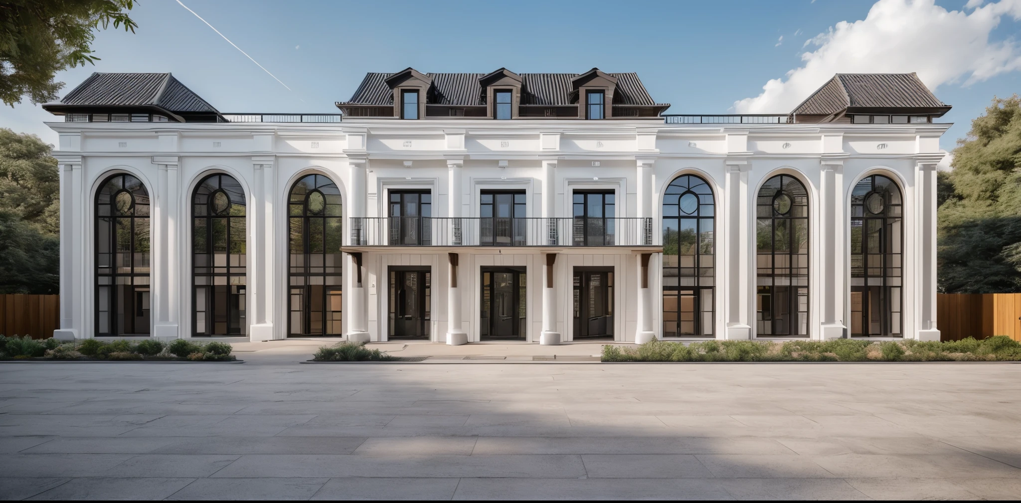 Exterior, house, luxury, modern style, reflective glass material, white wall paint, stone wall, wooden ceiling, in the city, crowded street, many cars, many people, many trees, Trees on the roof, sunrise, empty clouds, 8k, vray images