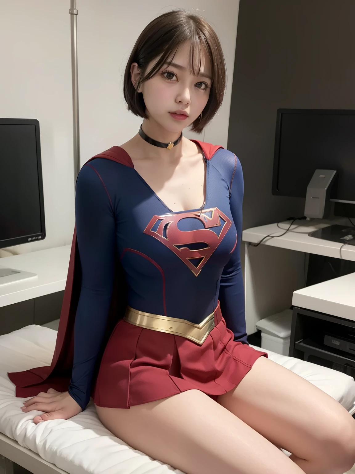 masterpiece、Supergirl costumes、short hair、barefoot、big and full breasts、Experimental Facilities、operating table、straddle、corrupted、shiny、look at the camera、Seduce、choker、long sleeve、Red miniskirt