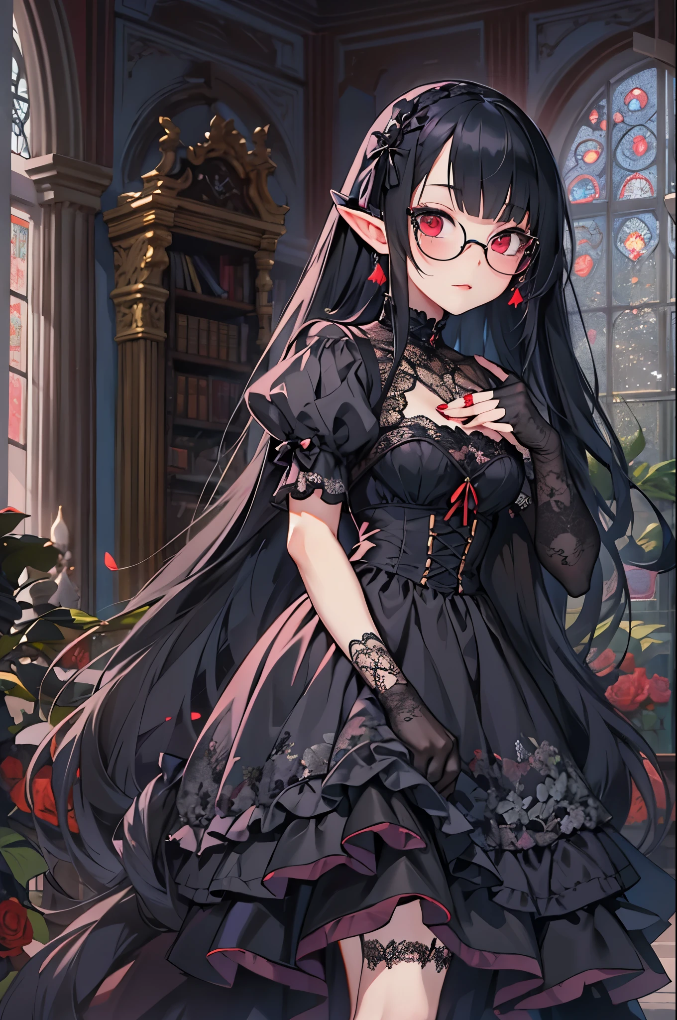 anime, goth girl, elf ears, emo girl, long hair, ta hair, gothic dress, black dress, victorian dress, gothic art style, in a mansion, long silky black hair down to Back, long straight bangs, ruby red glasses, black mascara, black gothic dress, long elf ears, dark red lipstick