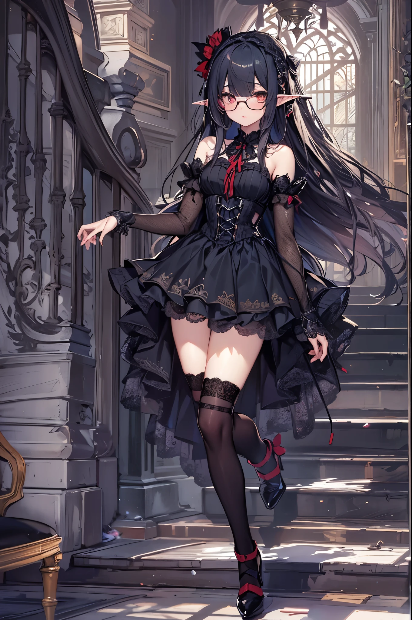 anime, goth girl, elf ears, emo girl, long hair, lolita hair, gothic dress, black dress, victorian dress, gothic art style, in a mansion, long silky black hair down to Back, long straight bangs, ruby red glasses, black mascara, black gothic dress, long elf ears, dark red lipstick