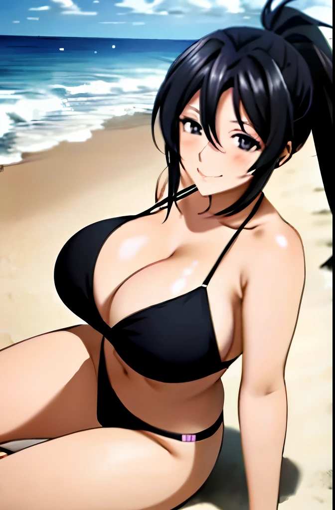 Beach, black hair, ponytail, 1girl, Akeno Himejima, huge breasts, mature woman, flirty, smiling, smokey eye make up, full body