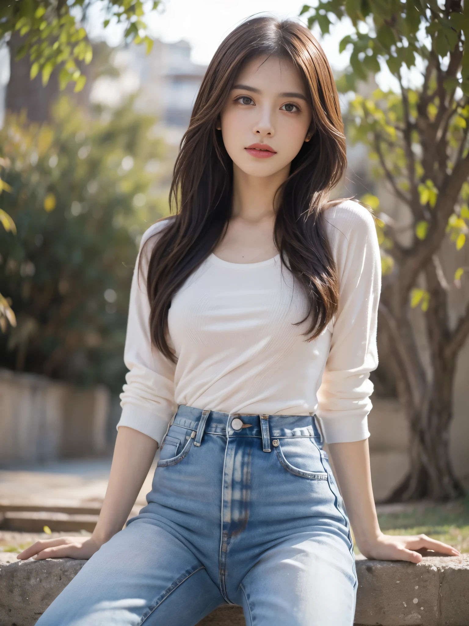 Obra maestra, La mejor calidad, ultra-high resolution, Foto de alto detalle, Unidad 8K Fondo de pantalla, CG extremadamente detallado:1.2),(Foto RAW:1.realistic photography:1.4), 1girl , joven, physically based representation, beautiful, (Cara finamente detallada:1.4, Ropa detallada), (Detallado:1.4), depth of field, bokeh BREAK Cara hermosa, Profundidad de campo, Agregar capa, hiperrealista,  BREAK 27 years old, Modelo de cuerpo perfecto, senos perfectos, 175cm de altura, pose sexy, arms wide open, cuerpo completo, Tipo de cuerpo del modelo, BREAK white shirt, BREAK denim pants:0.2 BREAK brown combat boots, (Cabello largo:1.2), (Eimi Fukada:1.2), doble parpado, 
