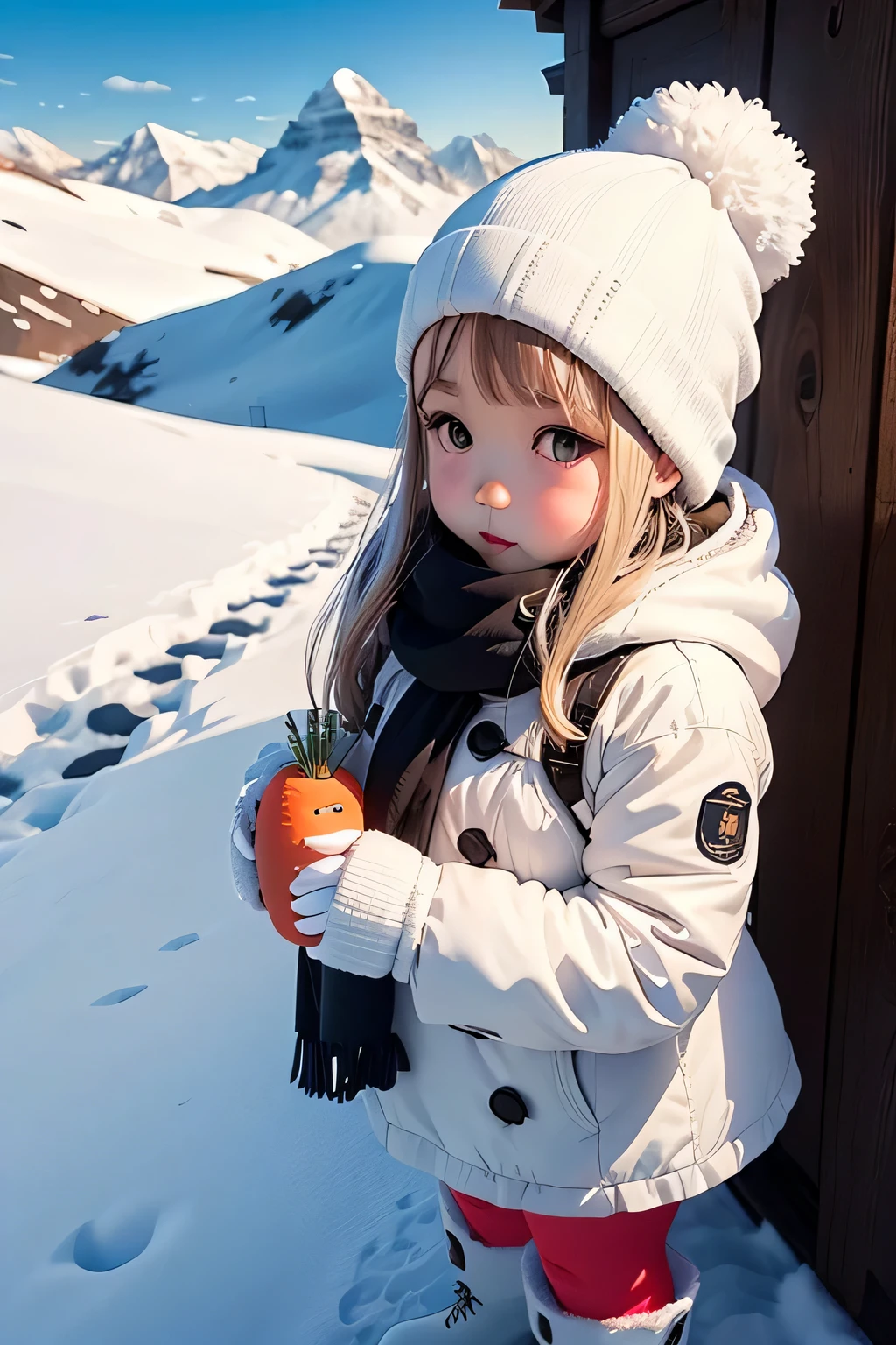 snowman, white costume、round silhouette、black buttons、Carrot nose、snowmanの帽子、snowmanのスカーフ、Snowflake Decoration、Winter boots, (A two-shot with a cute girl outside the mountain hut)