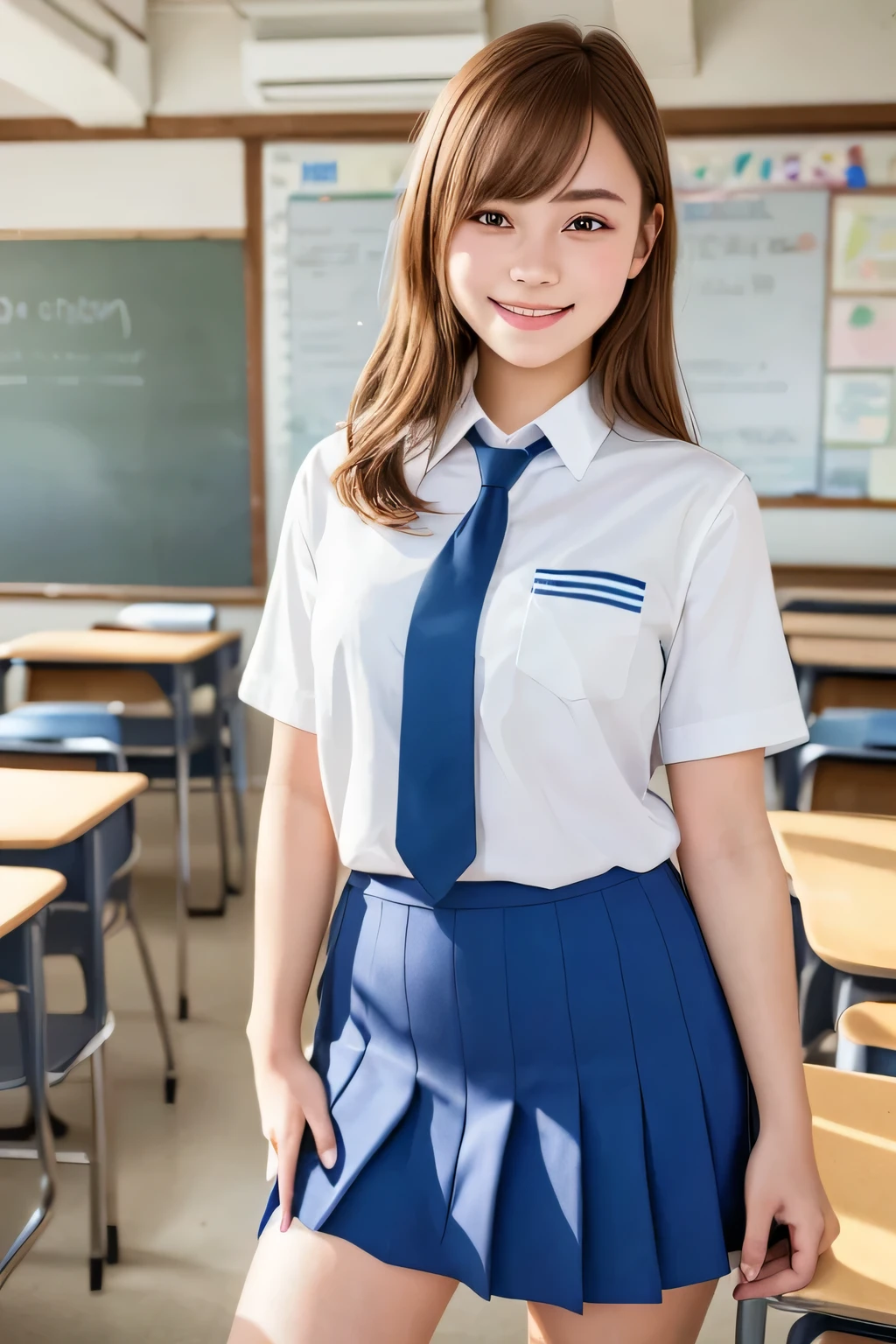1 girl, beautiful face, 18-year-old, smile, viewers watching, school uniform, uniform, skirt above the knee, photograph, realistic, highest quality, adopted, detailed face, classroom, detailed background, diffused lighting, written boundary depth, Bokeh