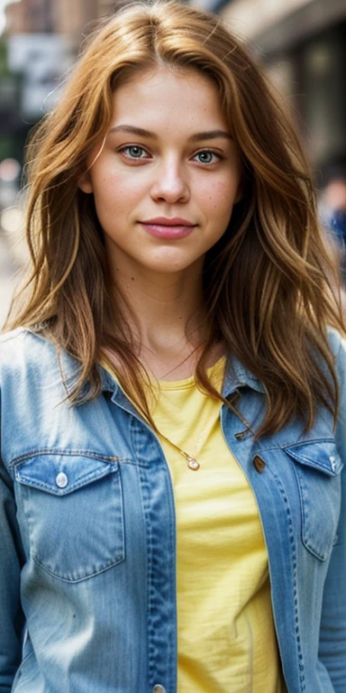 BEAUTIFUL;WOMAN;33 YEARS OLD;WRITER;VERY MODERN,hyperrealistic image,hyperrealistic, honey-colored eyes, slightly wavy hair. show images on the street in different positions. Further away the images show the full image of the model. dressed in casual clothing, jeans, t-shirt,
