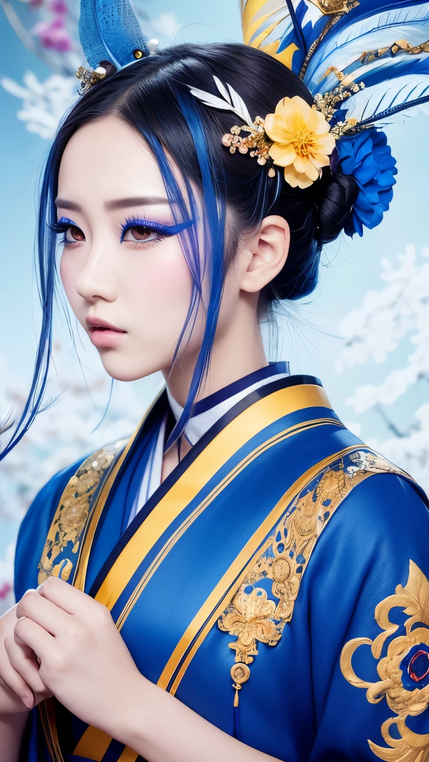 arafed woman with blue and yellow makeup and feathers on her head, creative makeup, jingna zhang, inspired by Jin Nong, inspired by Xie Huan, inspired by Pan Yuliang, remarkable geisha make up, inspired by Yuan Jiang, painted face, professional body paint, intricate makeup, geisha makeup, girl with a flower face, inspired by Mei Qing colorful phenex feathers| blue flowers | 1girl face,product introduction photo,popular Korean makeup,aegyo sal,an airbrush painting,(high quality:1.2),(best quality:1.2),(masterpiece:1.2),official art,official wallpaper,surreal,sharp focus,(intricate:1.03),(extremely intricate:1.04),(black background:1.1),wood,