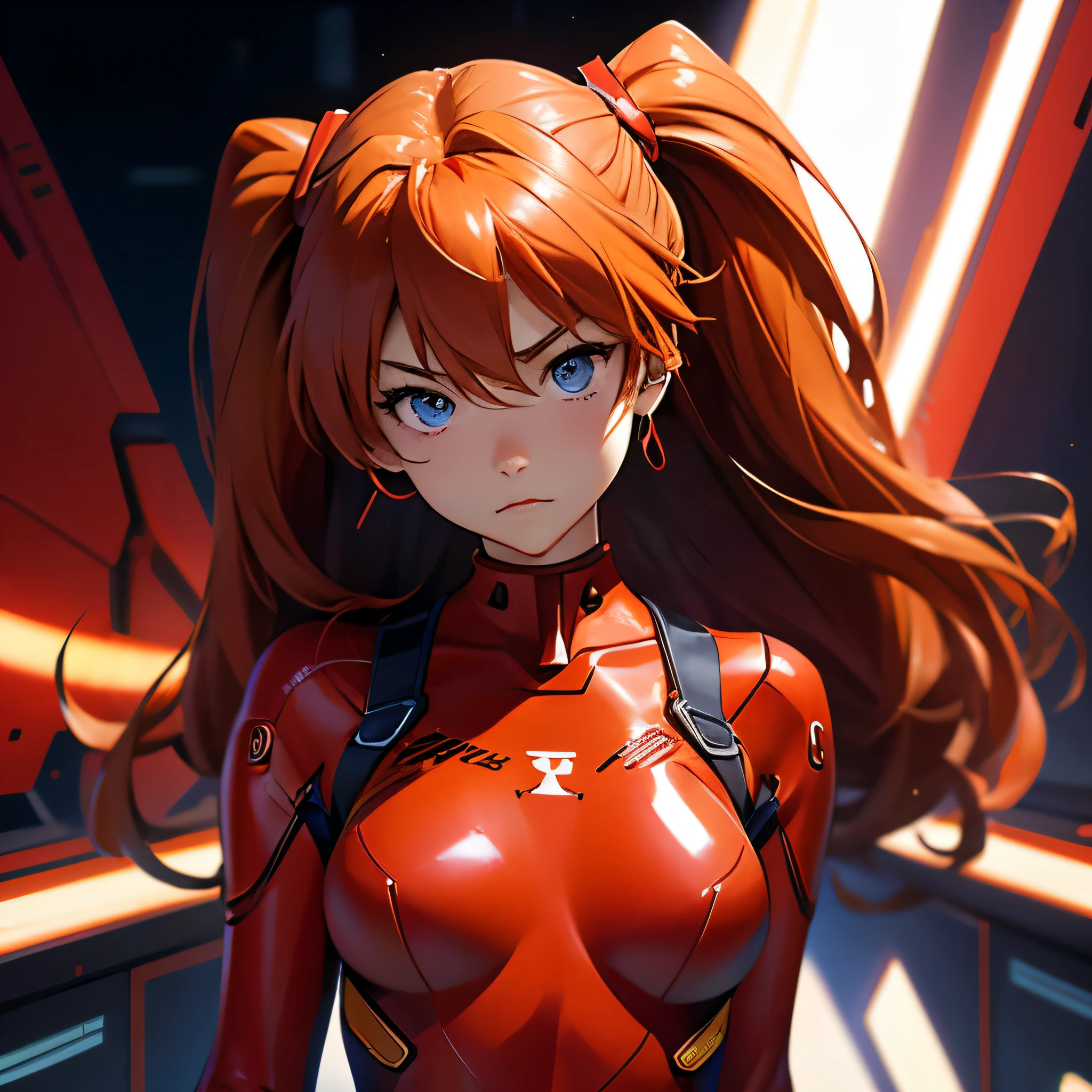 (Overhead view),Dynamic angle,very detailed, illustration, close up, straight on, 1 girl, 
 ((Soryu Asuka Langley, headset interface, red bodysuit:1.4, Blonde)),Her eyes shone like dreamlike stars,(glowing eyes:1.233),(Beautiful and detailed eyes:1.1),(expressionless,gag),(stand), 
(Mechanic room with tools and spaceship window in white spaceship),
(nighttime:1.2),dreamlike, [[Delicate fingers and hands:0.55]::0.85],(inch details),