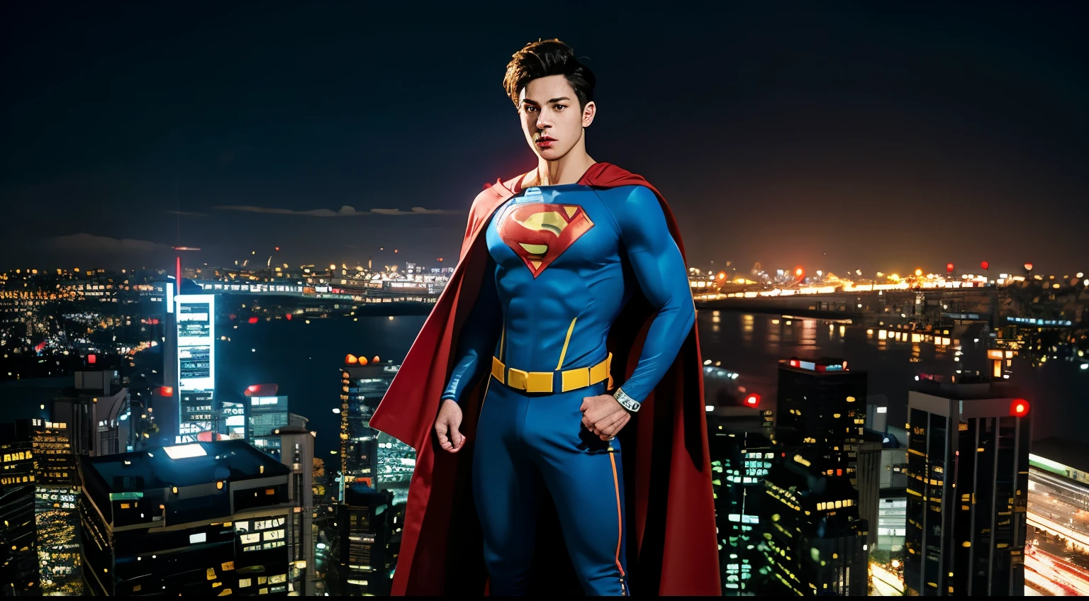 A young man,Wearing a superhero costume,Have a strong body and sharp eyes,Showing off his superpowers,high quality,Realistic style,On a modern night,Against the background of high-rise buildingan standing on top of a skyscraper,Surrounded by flashing neon lights and busy streets of the city