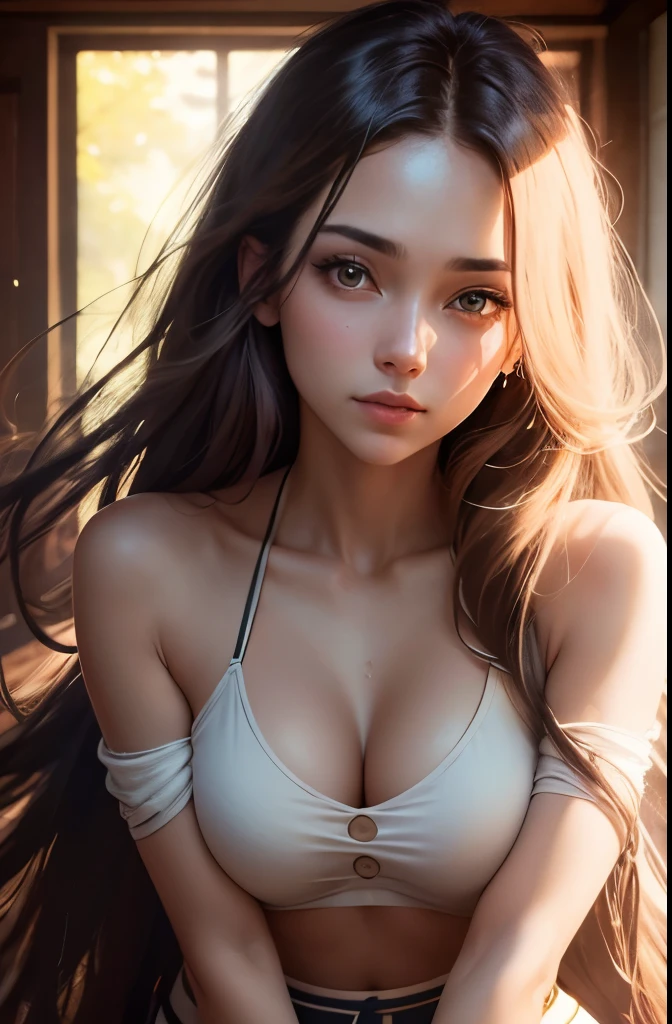 Natural photography of a beautiful girl, wearing a loose crop top, leaning over, long flowing hair, big bust, locks eyes into the camera, symmetrical eyes, symmetrical face, photorealistic, photography, path tracing, specular lighting, volumetric face light, path traced hair, visible shadows, intricate, elaborate
