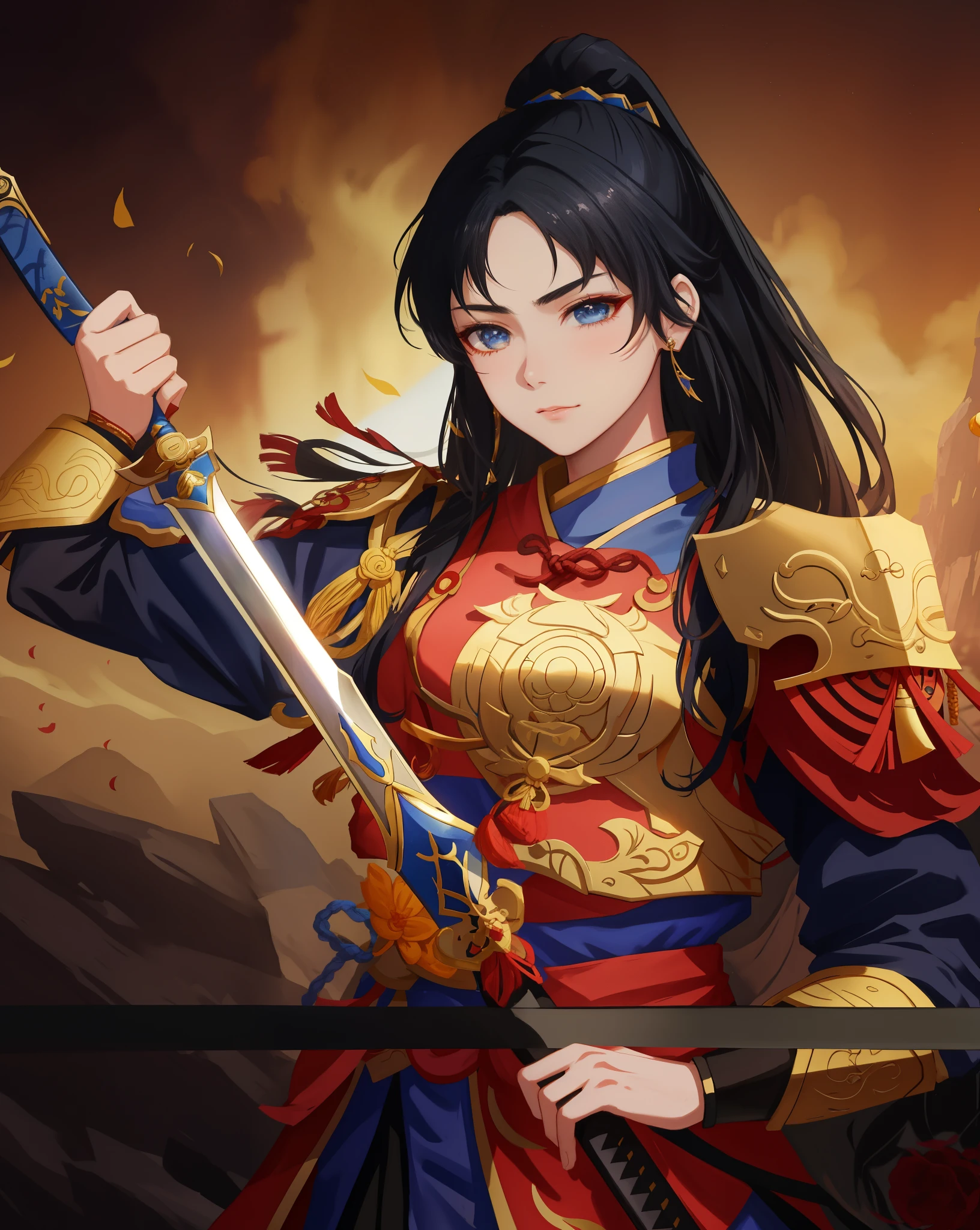 Anime girl holding a sword with sword and armor, xianxia hero, Inspired by Zhu Lian, Inspired by Du Qiong, Inspired by Puhua, Inspired by Li Meihu, g liulian art style, heise jinyao, bian lian, Inspired by Zhibai, Inspired by Lan Ying, Inspired by Wang Meng,,Hua Mulan,dark blue hair,Handsome girl,Eye,Messy bangs