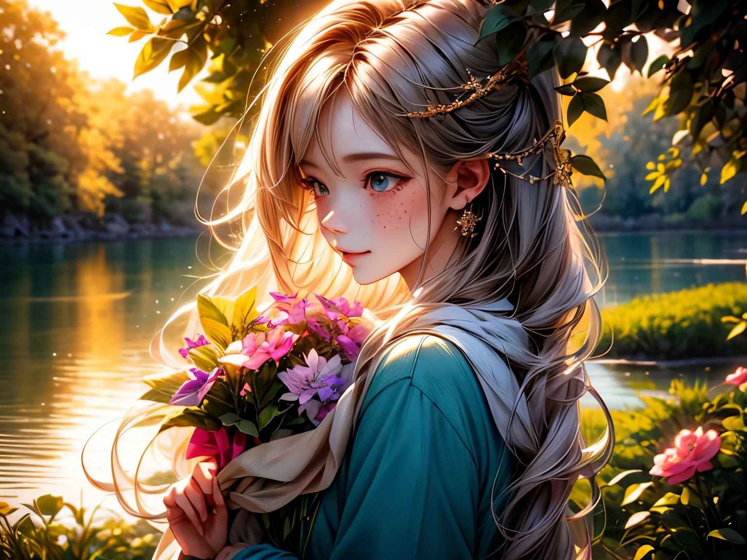 "(best quality,4k,8k, highres, masterpiece:1.2), ultra-detailed, realistic portrait,-yeld giwith nine tails, by the lake, full body,blue eyes,long flowing wavy golden hair,freckles on her cheeks,innocent smile,sparkling blue dress,holding a bouquet of wildflowers,with a gentle breeze blowing,green grass and colorful flowers around her,reflections of the sun on the lake,soft sunlight illuminating her face,lush trees in the background,peaceful and serene atmosphere,subtle shadows adding depth and dimension to the scene,vivid colors with warm tones,golden hour lighting,ethereal and dreamlike ambiance,evoking a sense of pure joy and wonderment."